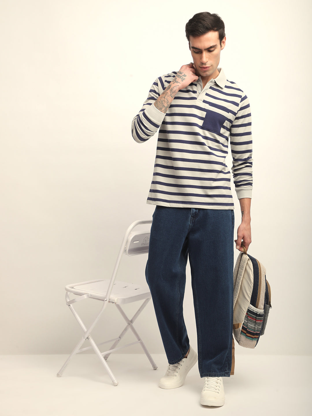 Mens Full Sleeve Polo Neck All-Over Striped Regular Fit Tshirts