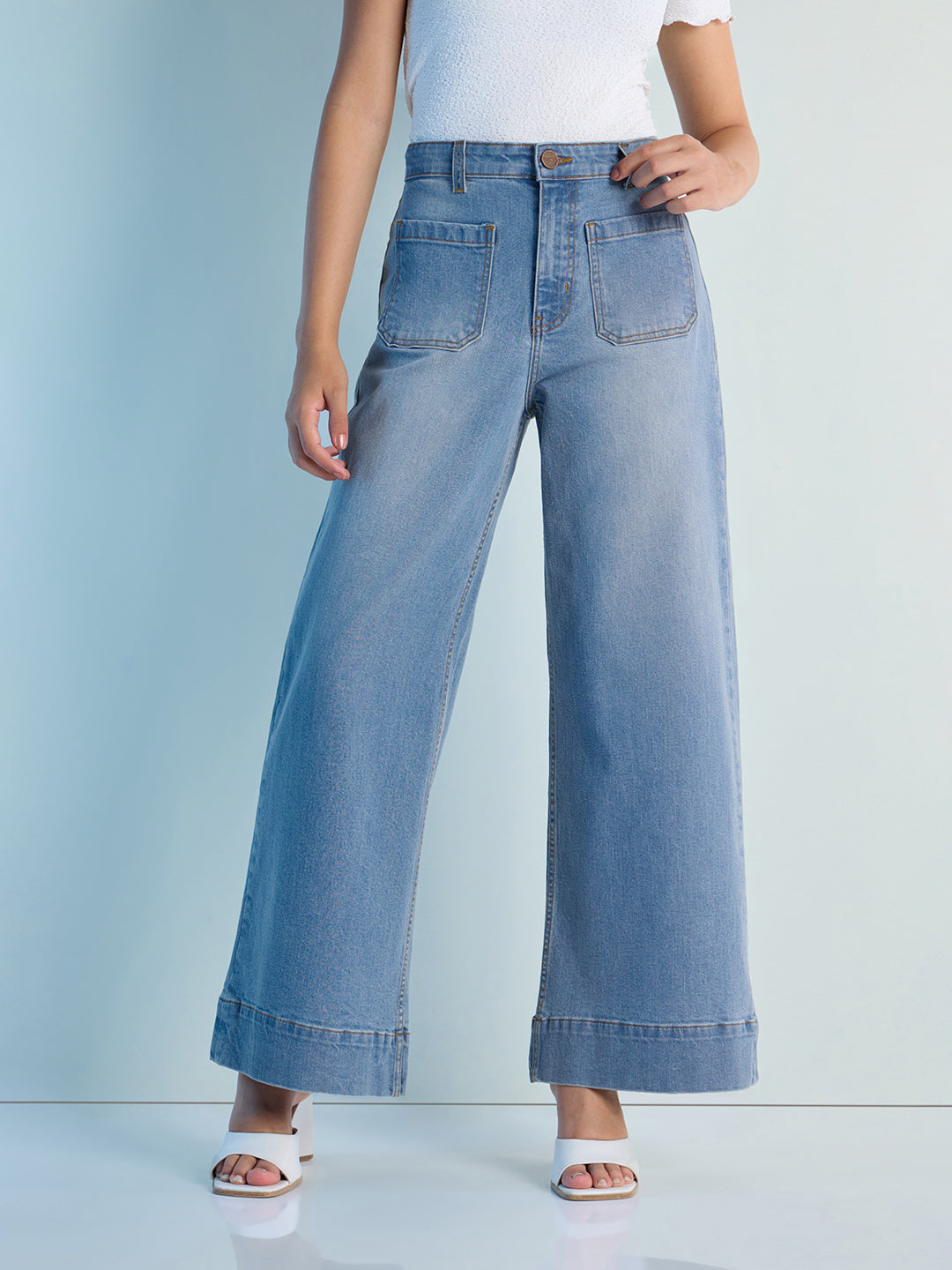 Womens Wide Leg Patch Pocket Denim Jeans Pant