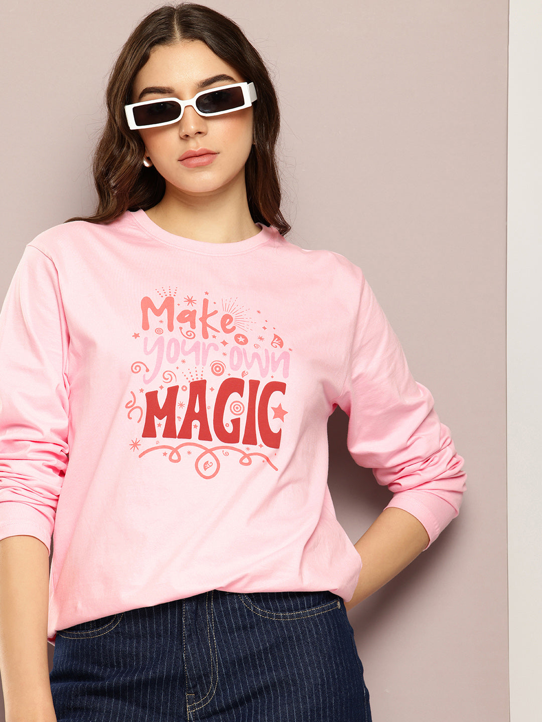 Womens Full Sleeve Round Neck Printed Oversized Fit Tshirts