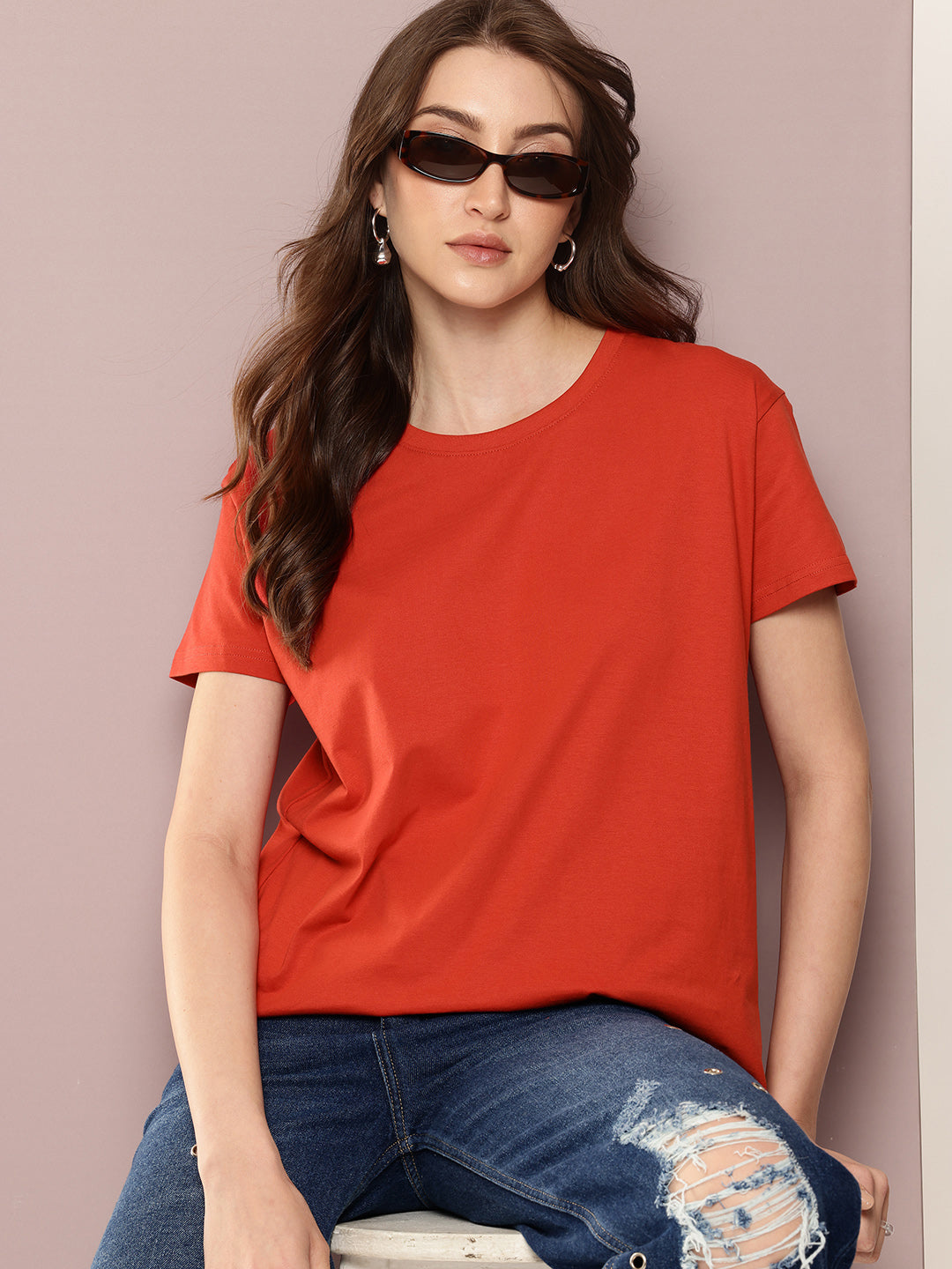 Womens Half Sleeve Round Neck Solid Boxy Fit Tshirts