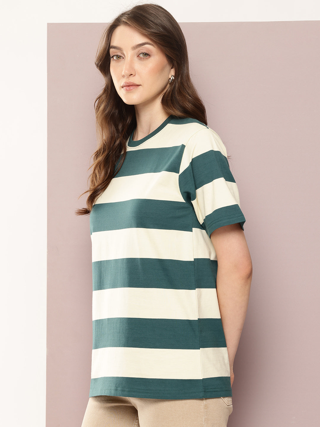 Womens Half Sleeve Round Neck Striped Oversized Fit Tshirts