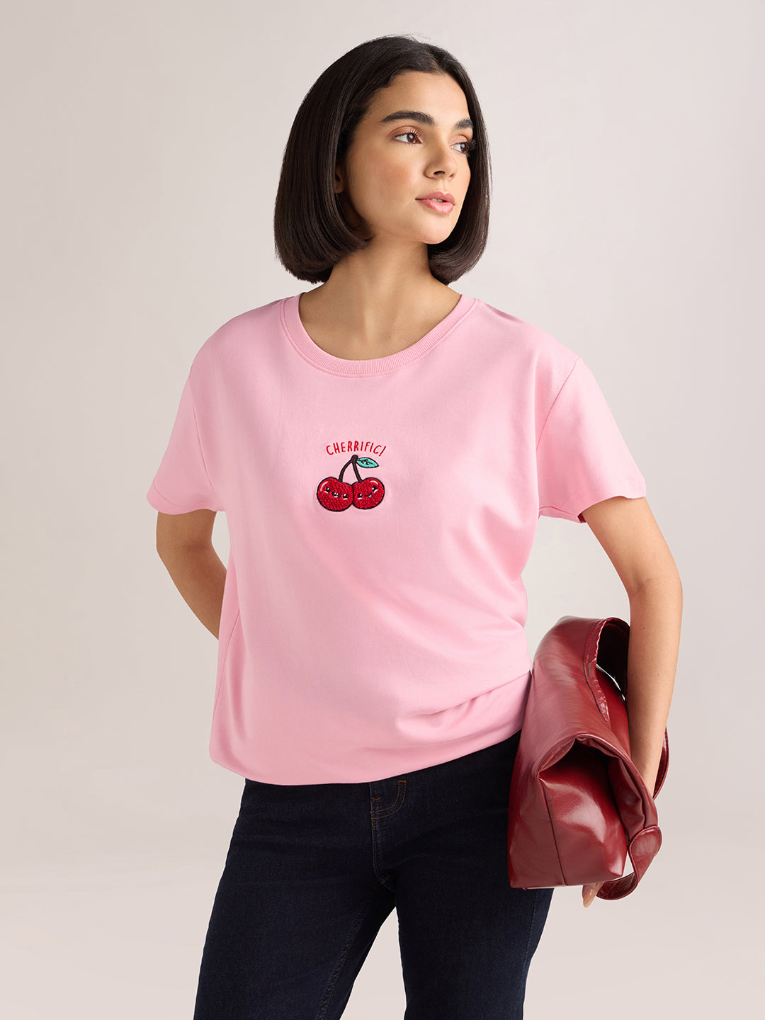 Womens Embroidery Boxy Regular Fit French Terry Cotton Tshirt