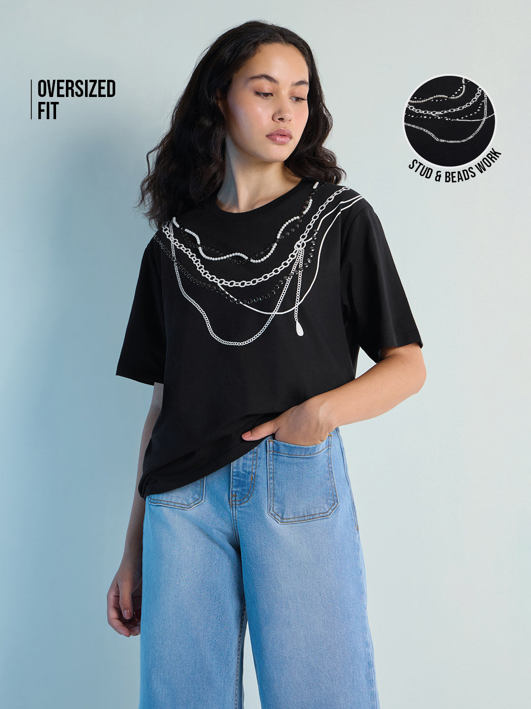 Womens Stud Detailed Oversized Round Neck Tshirt 