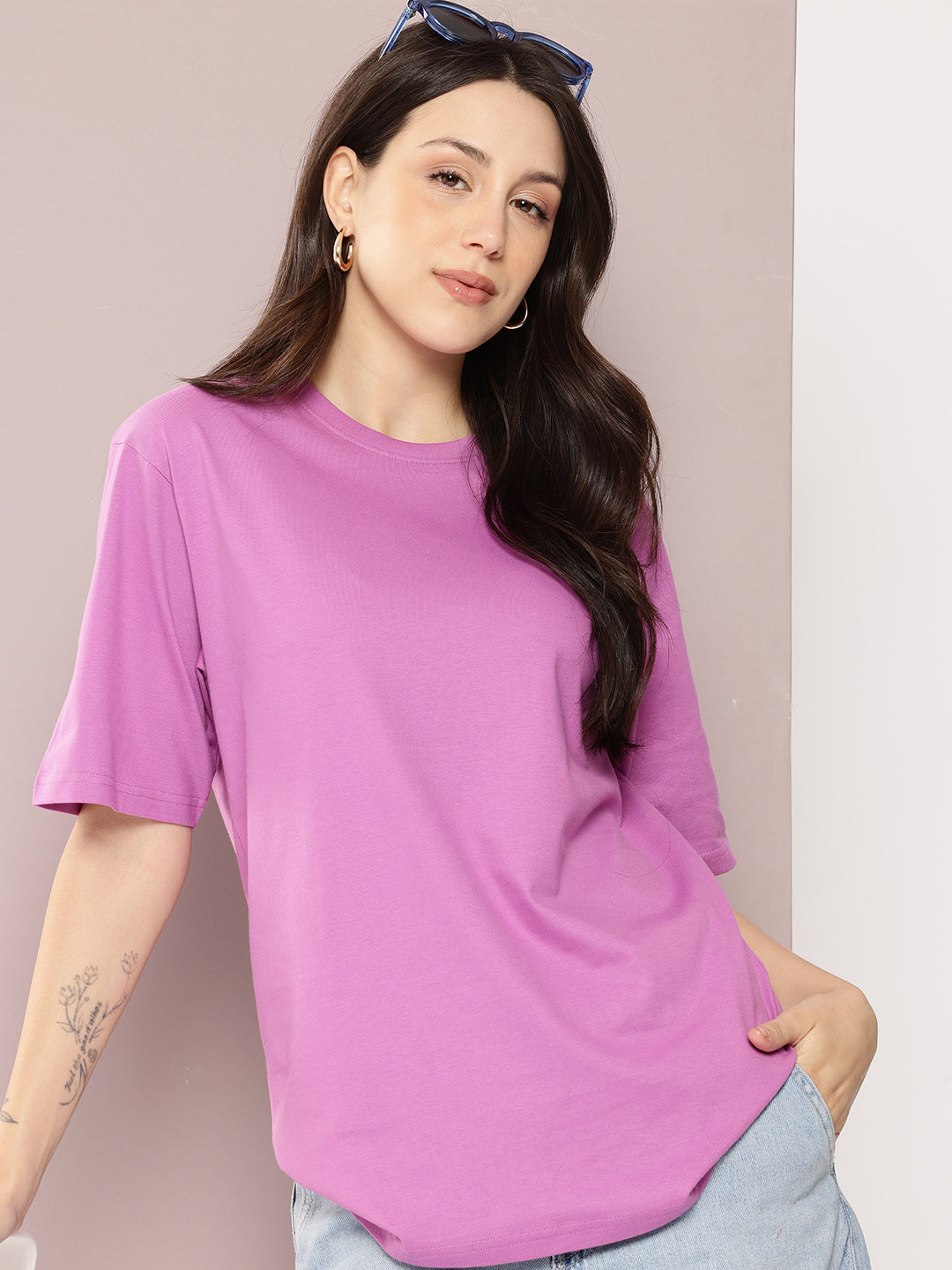 Womens Half Sleeve Round Neck Solid Oversized Fit Tshirts