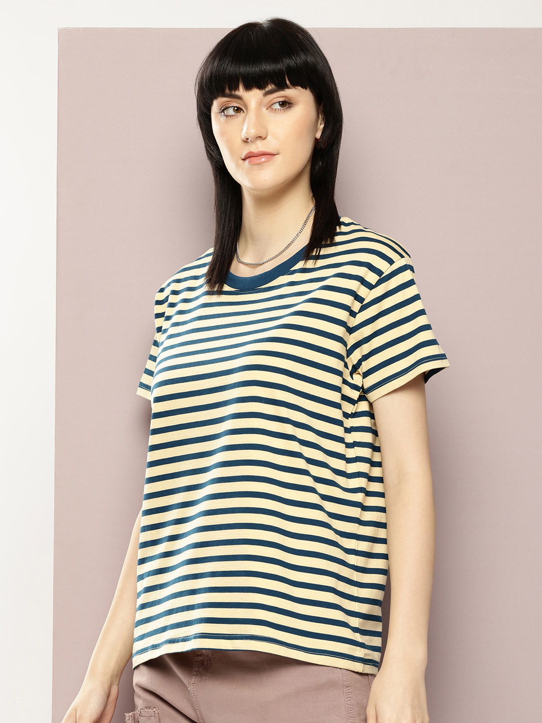 Womens Half Sleeve Round Neck Striped Boxy Fit Tshirts