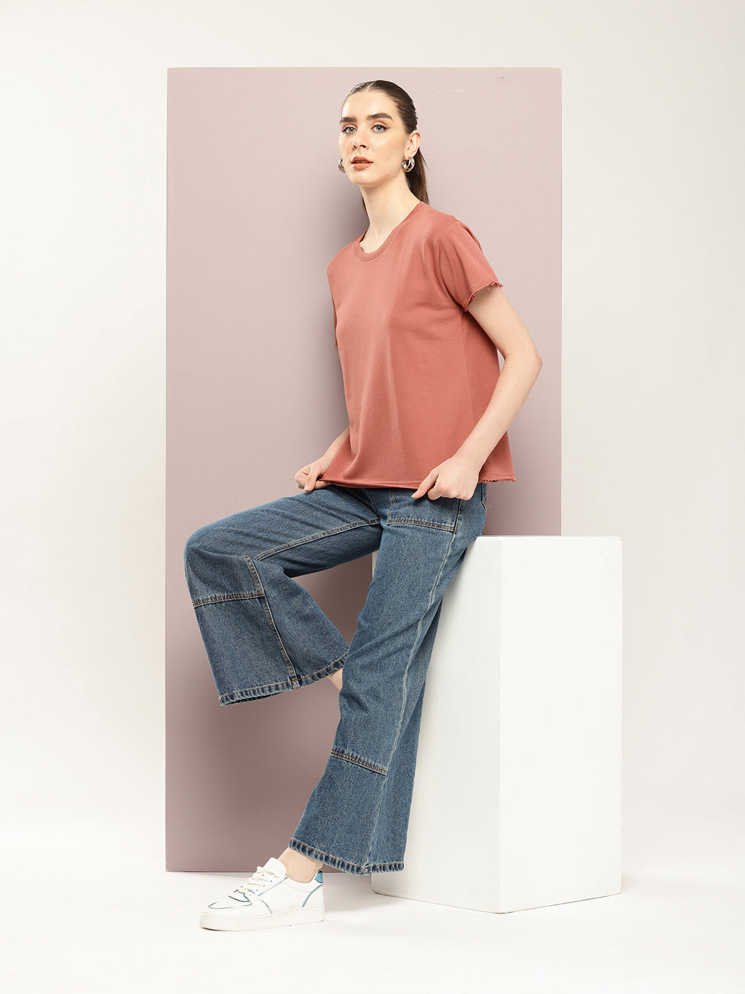 Womens Half Sleeve Round Neck Solid Boxy Fit Tshirts