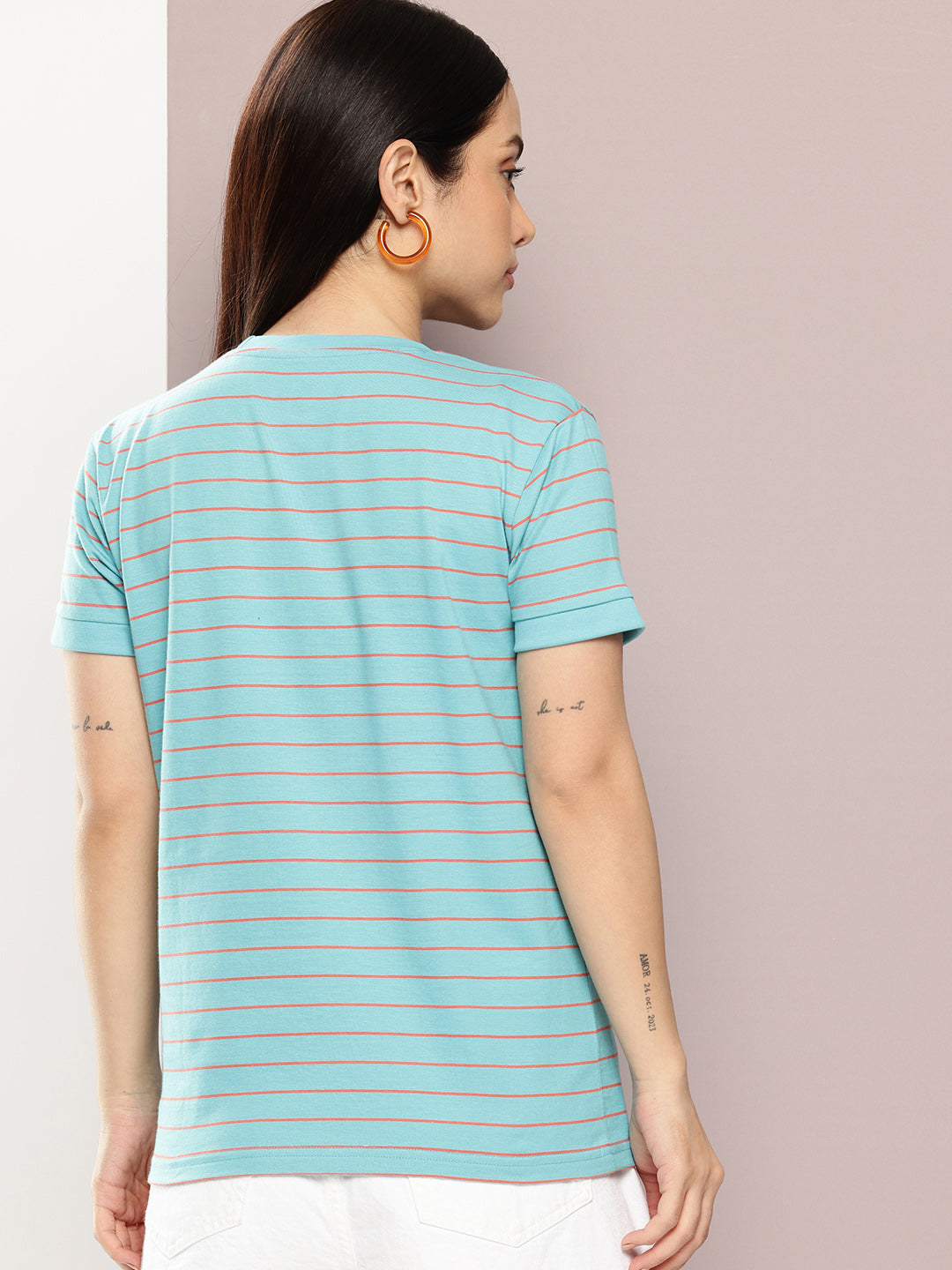 Womens Half Sleeve Round Neck All-Over Striped Regular Fit Tshirts
