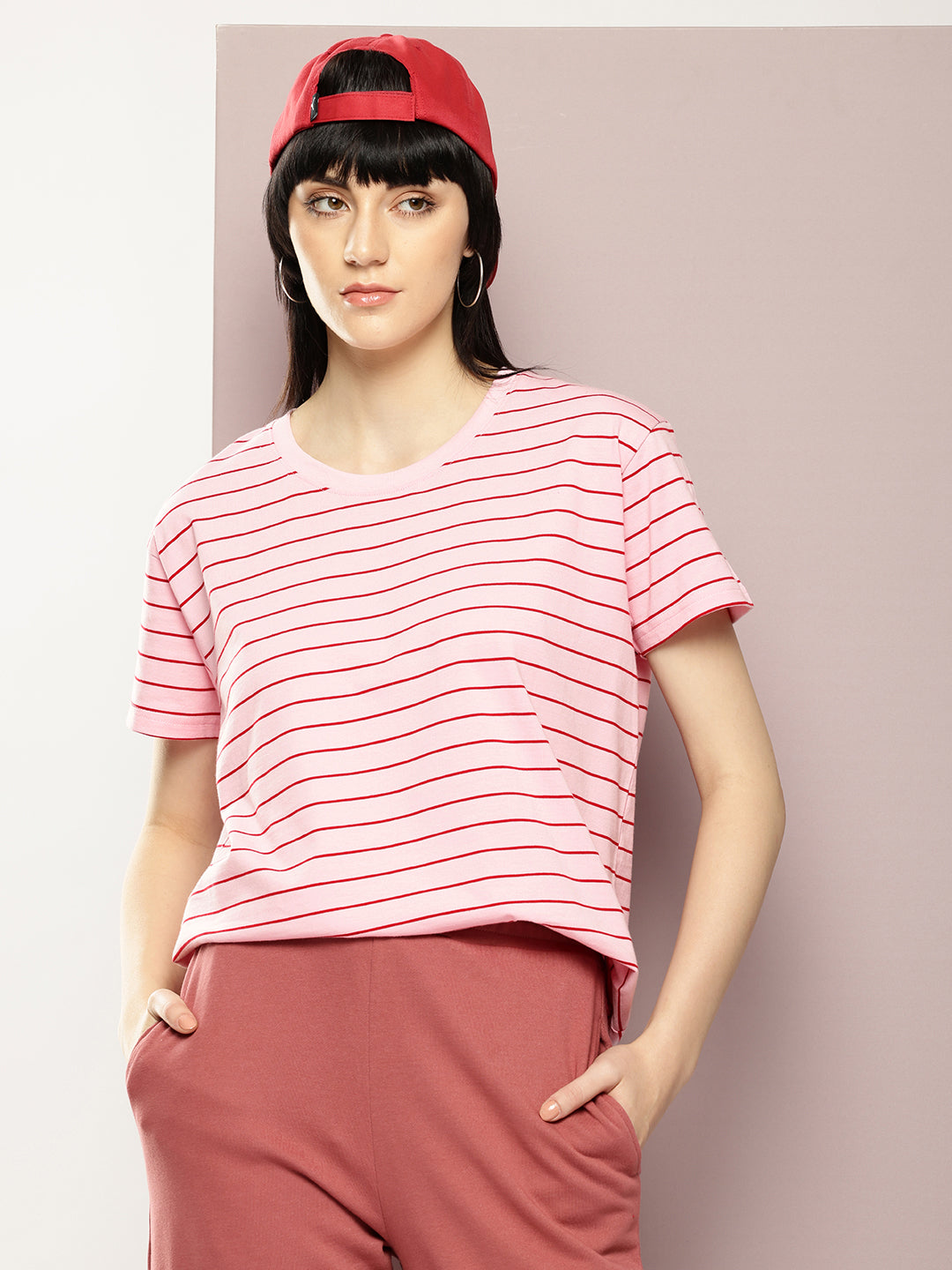 Womens Half Sleeve Round Neck Striped Boxy Fit Tshirts