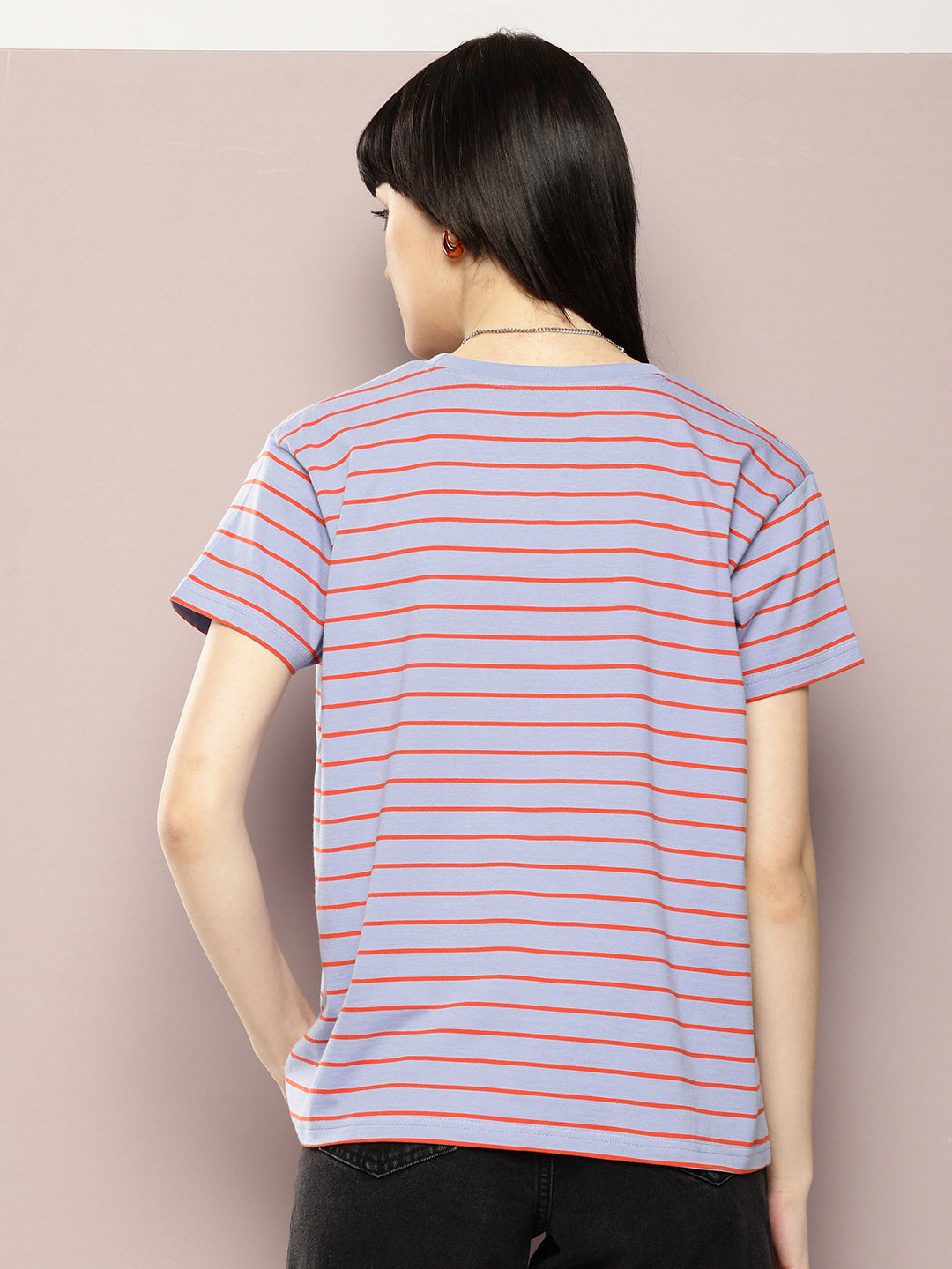 Womens Half Sleeve Round Neck Striped Boxy Fit Tshirts