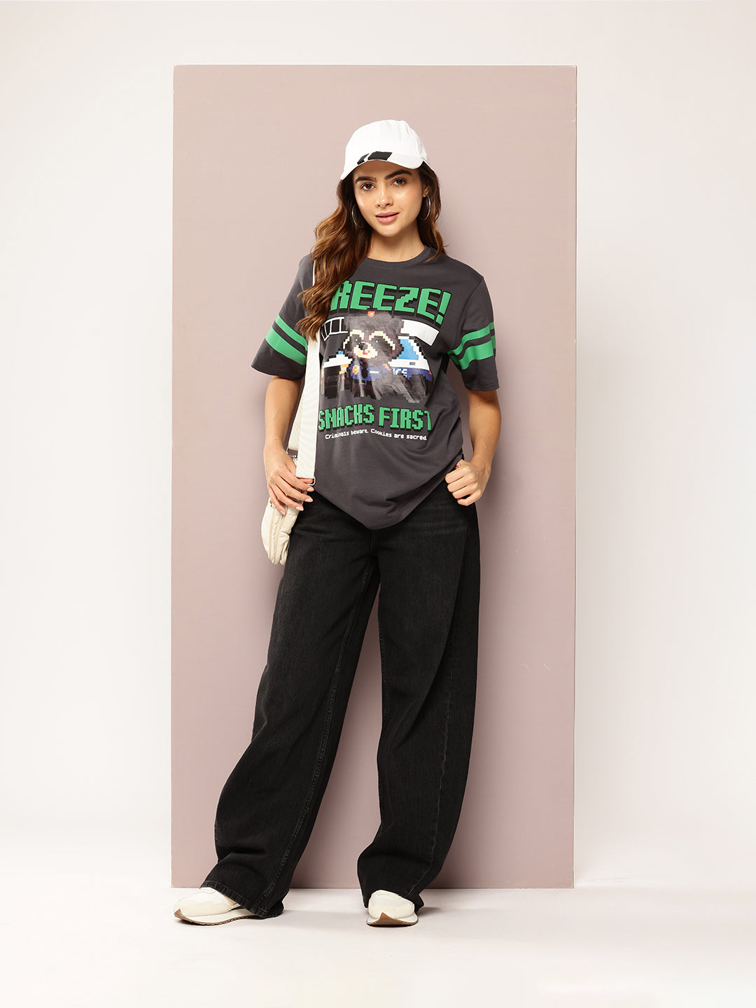 Womens Short Sleeve Puff Printed Oversized Fit Tshirt