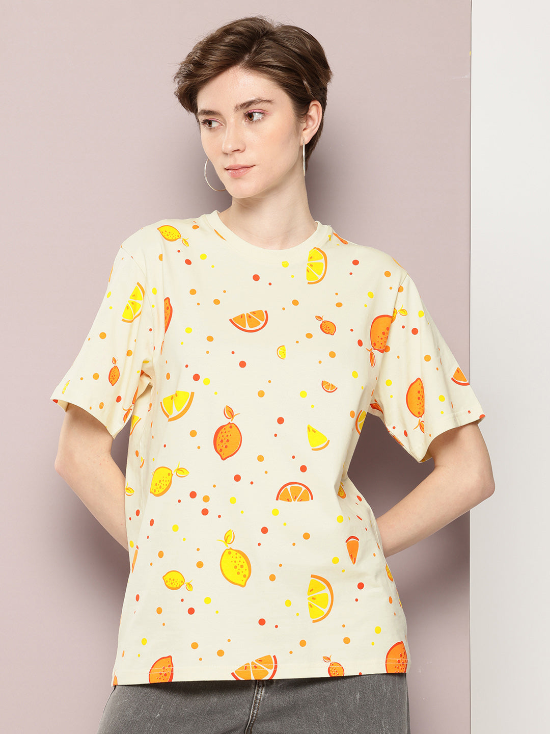 Womens Half Sleeve Round Neck All-Over Printed Oversized Fit Tshirts
