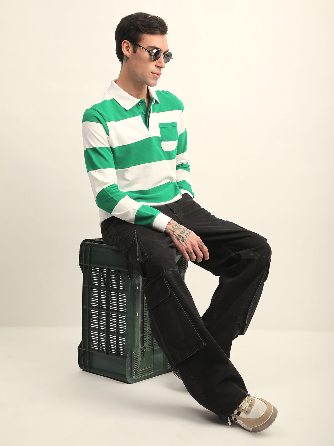 Mens Full Sleeve Polo Neck All-Over Striped Regular Fit Tshirts