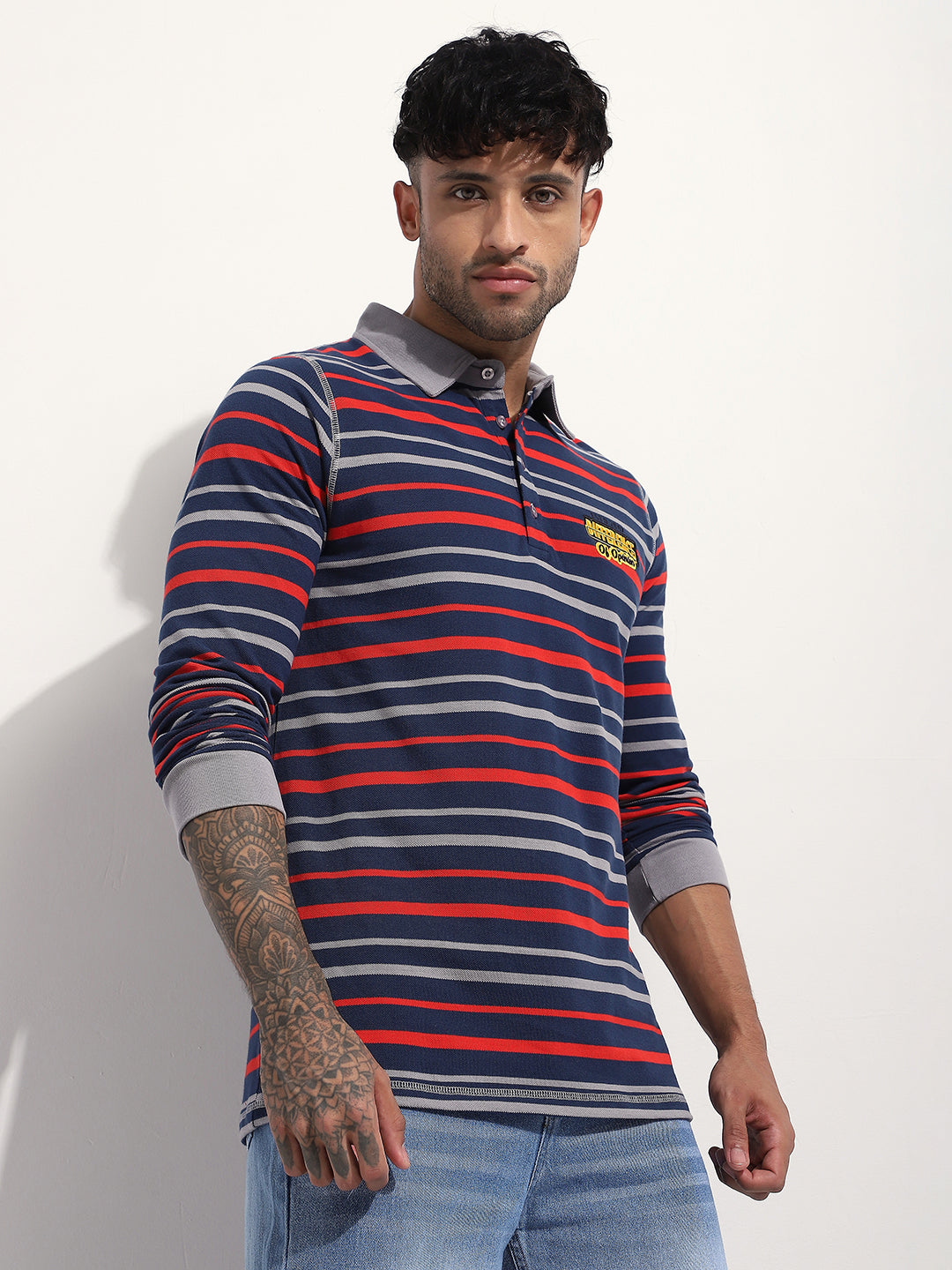 Mens Full Sleeve Polo Neck Embroidered Regular Fit Tshirts
