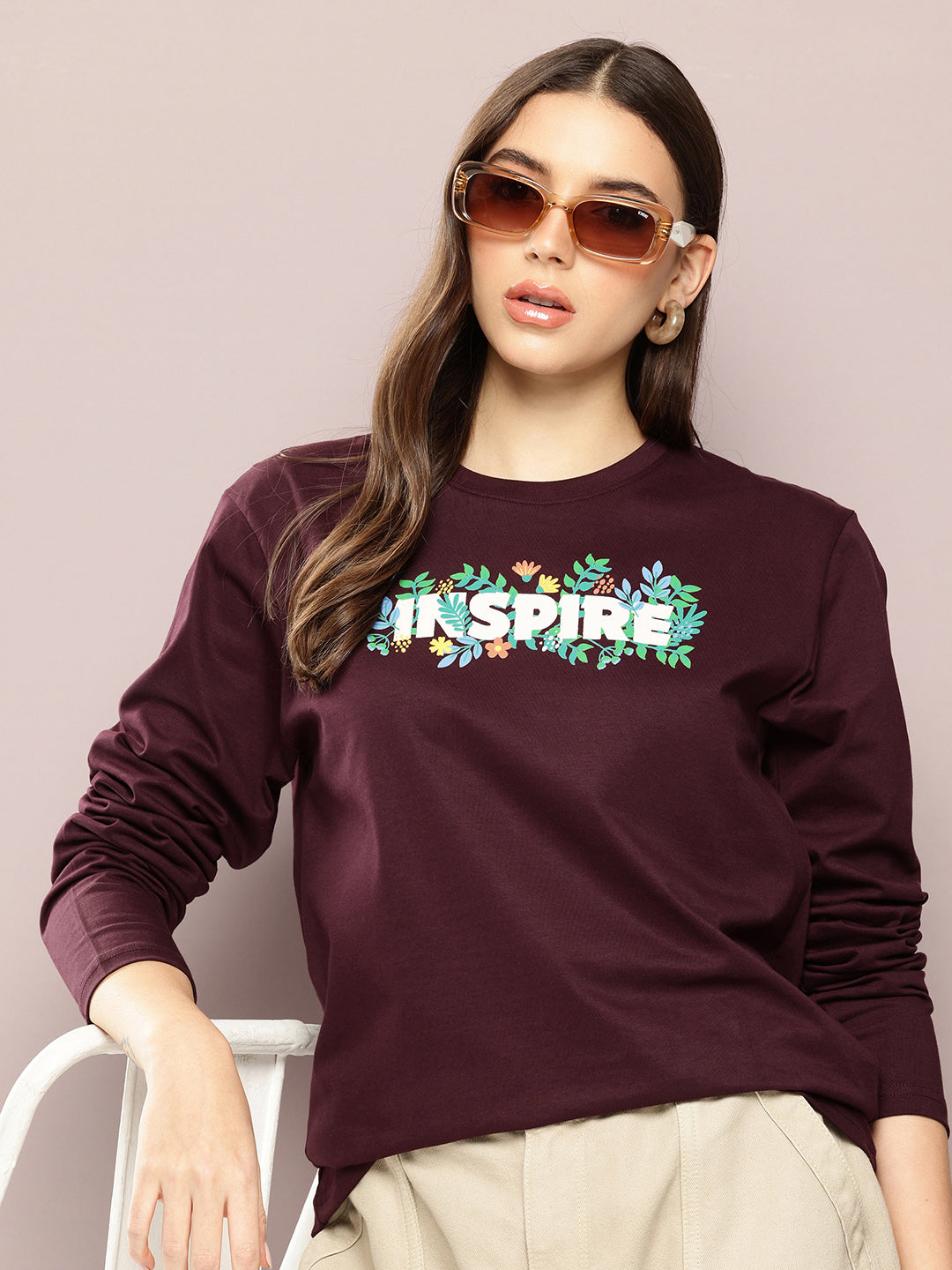 Womens Full Sleeve Round Neck Printed Oversized Fit Tshirts