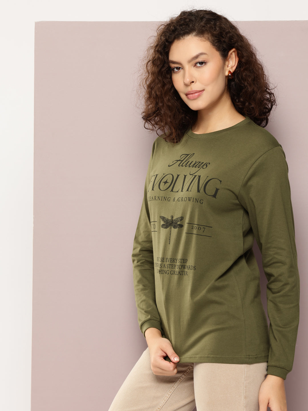 Womens Full Sleeve Round Neck Printed Oversized Fit Tshirts