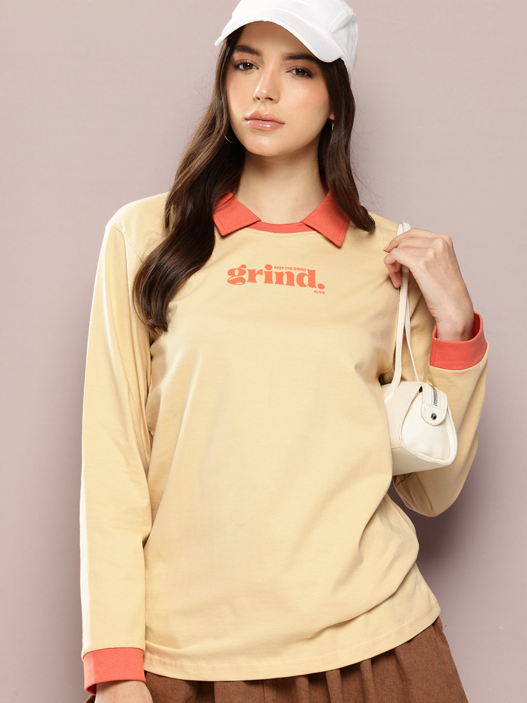 Womens Full Sleeve Polo Neck Printed Oversized Fit Tshirts