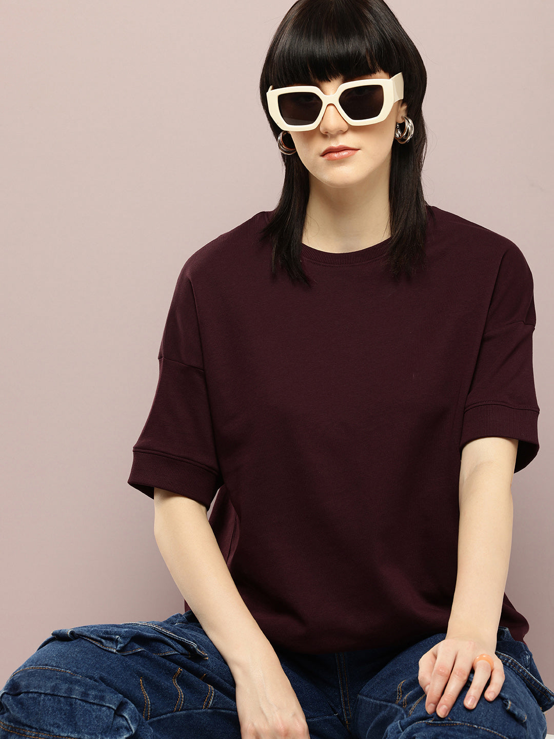Womens Half Sleeve Round Neck Solid Oversized Fit Tshirts