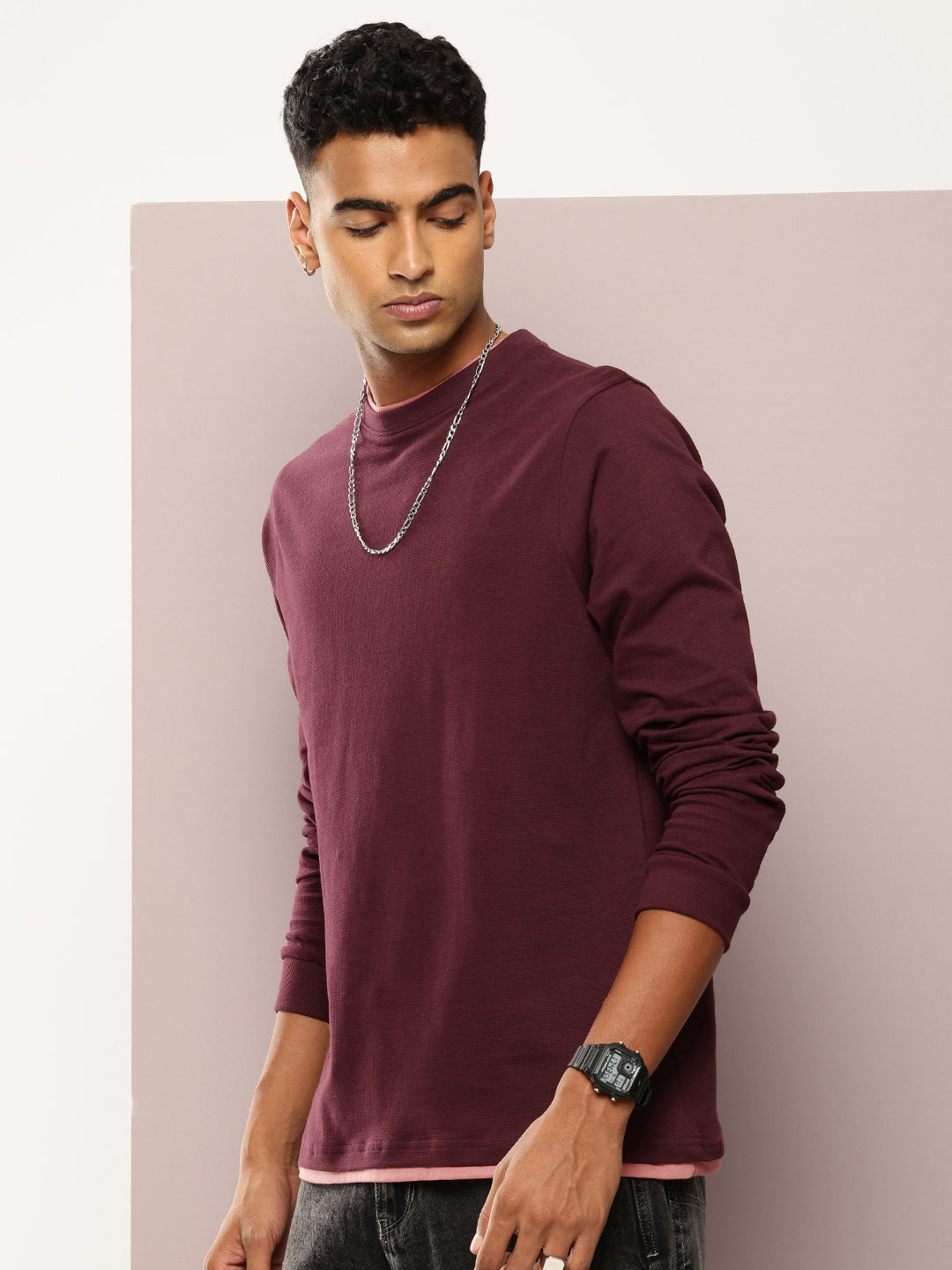 Mens Full Sleeve Round Neck Solid Regular Fit Tshirts