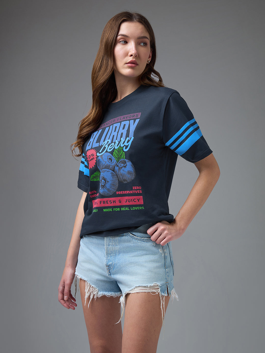 Womens Printed Round Neck Oversized Fit Tshirt