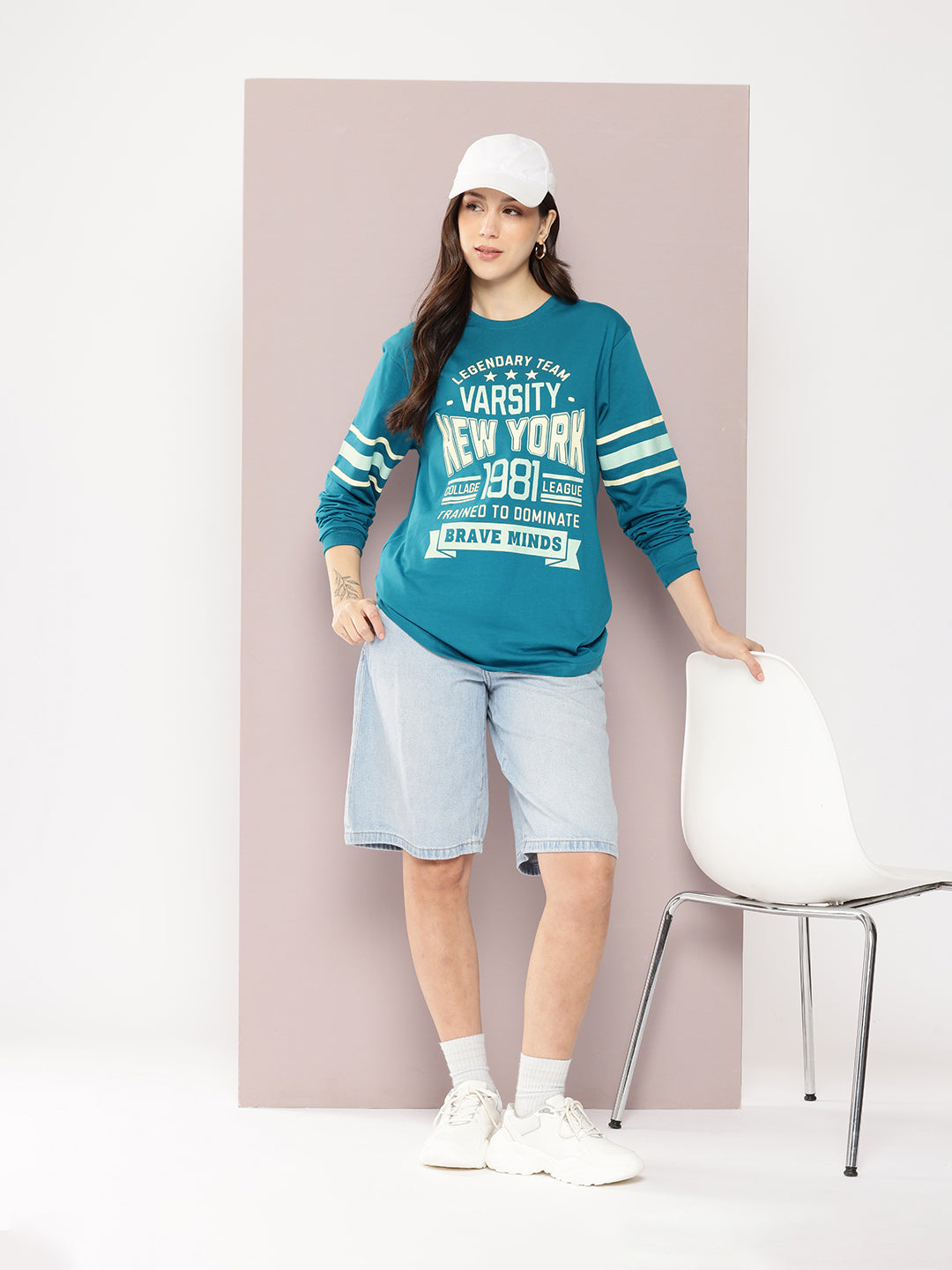 Womens Full Sleeve Round Neck Printed Oversized Fit Tshirts