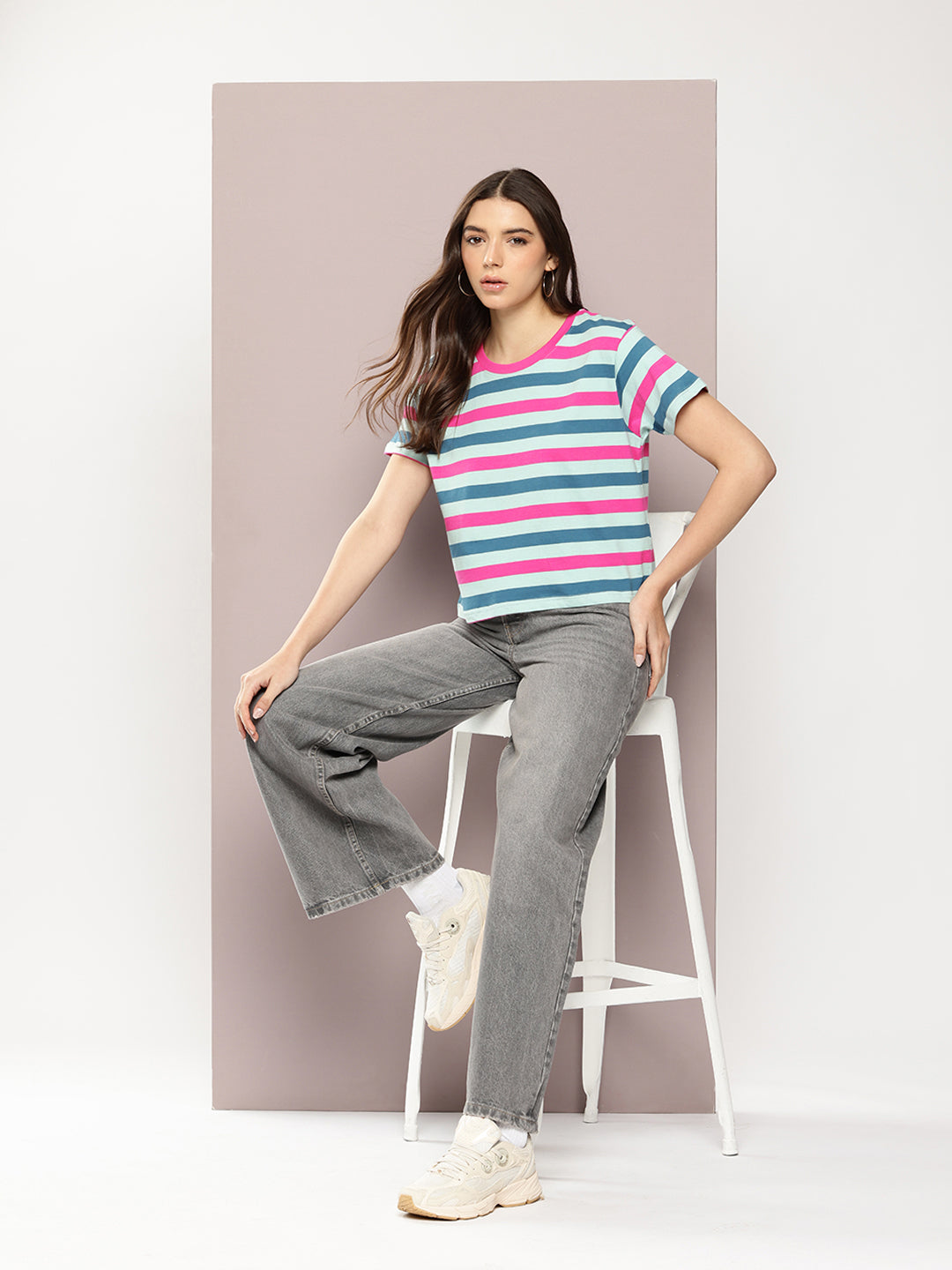 Womens Half Sleeve Round Neck All-Over Striped Boxy Fit Tshirts