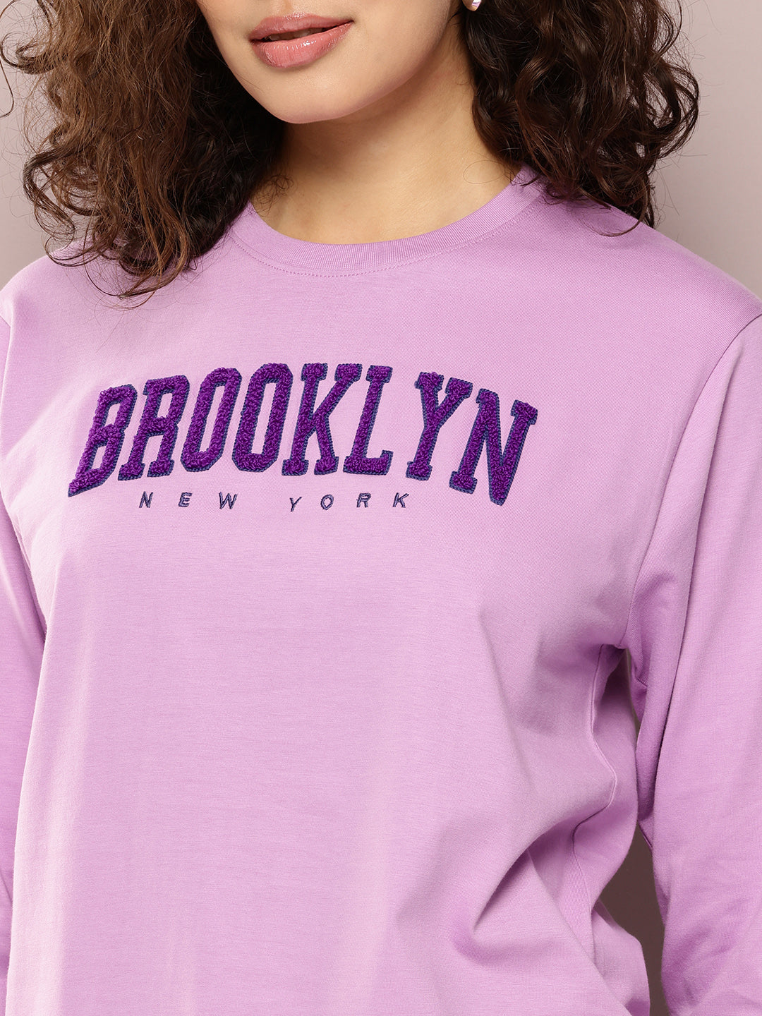 Womens Full Sleeve Round Neck Embroidered Oversized Fit Tshirts