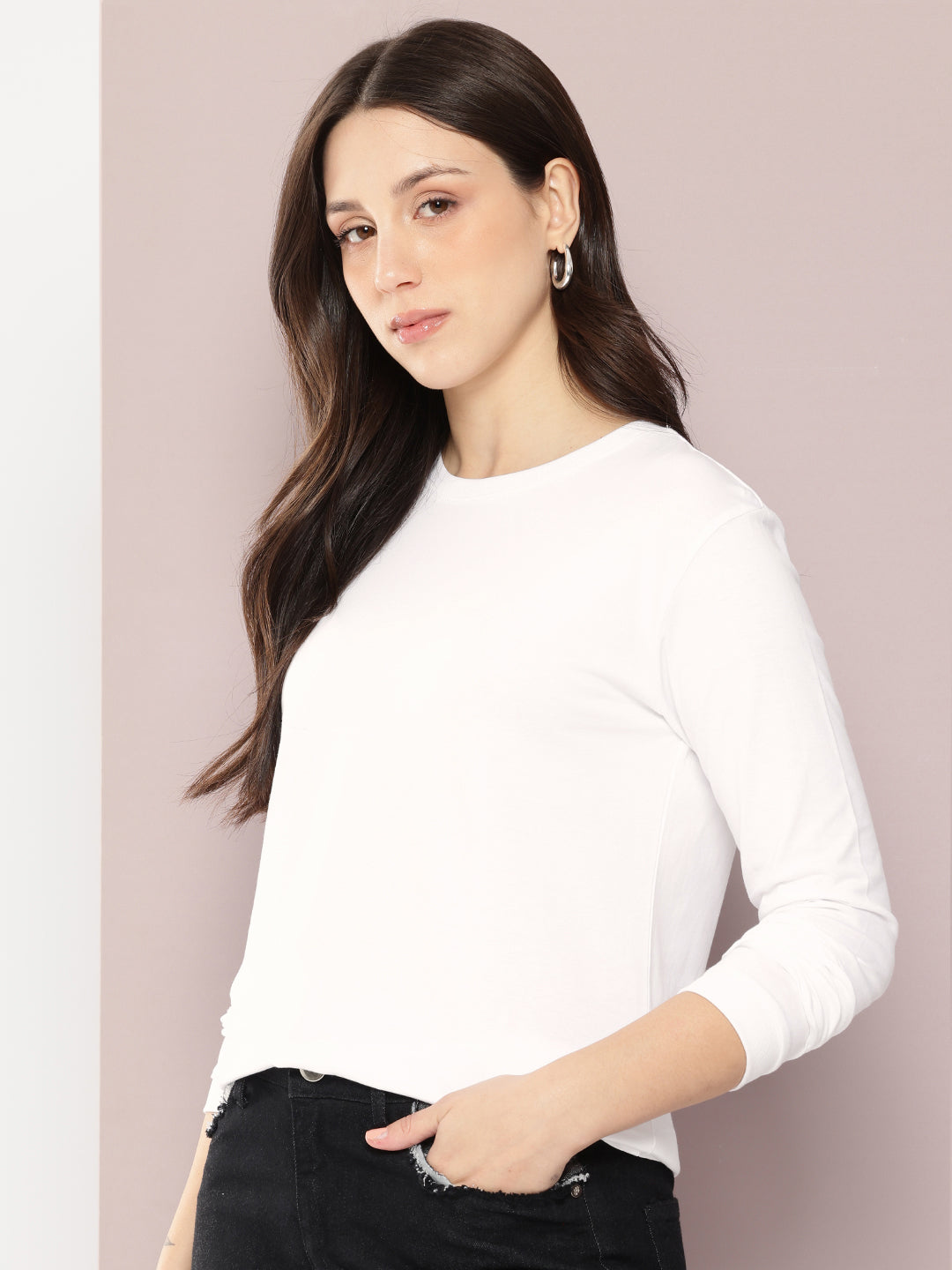 Womens Full Sleeve Round Neck Solid Regular Fit Tshirts