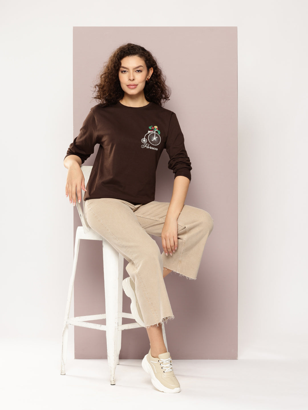 Womens Full Sleeve Round Neck Embroidered Oversized Fit Tshirts