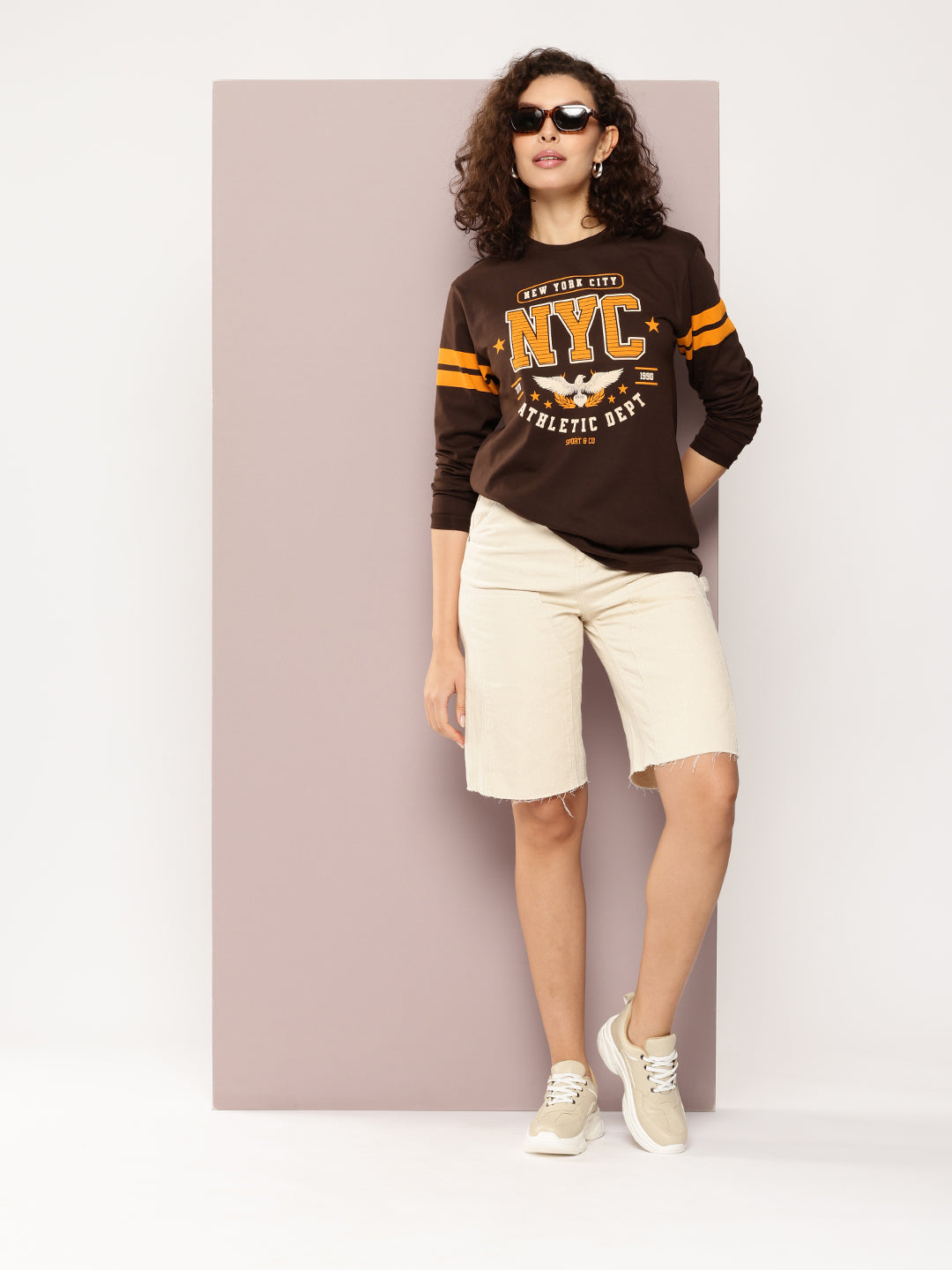 Womens Full Sleeve Round Neck Printed Oversized Fit Tshirts