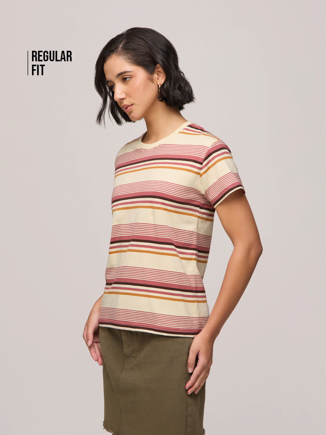 Womens Striped Regular Fit Cotton T-Shirt