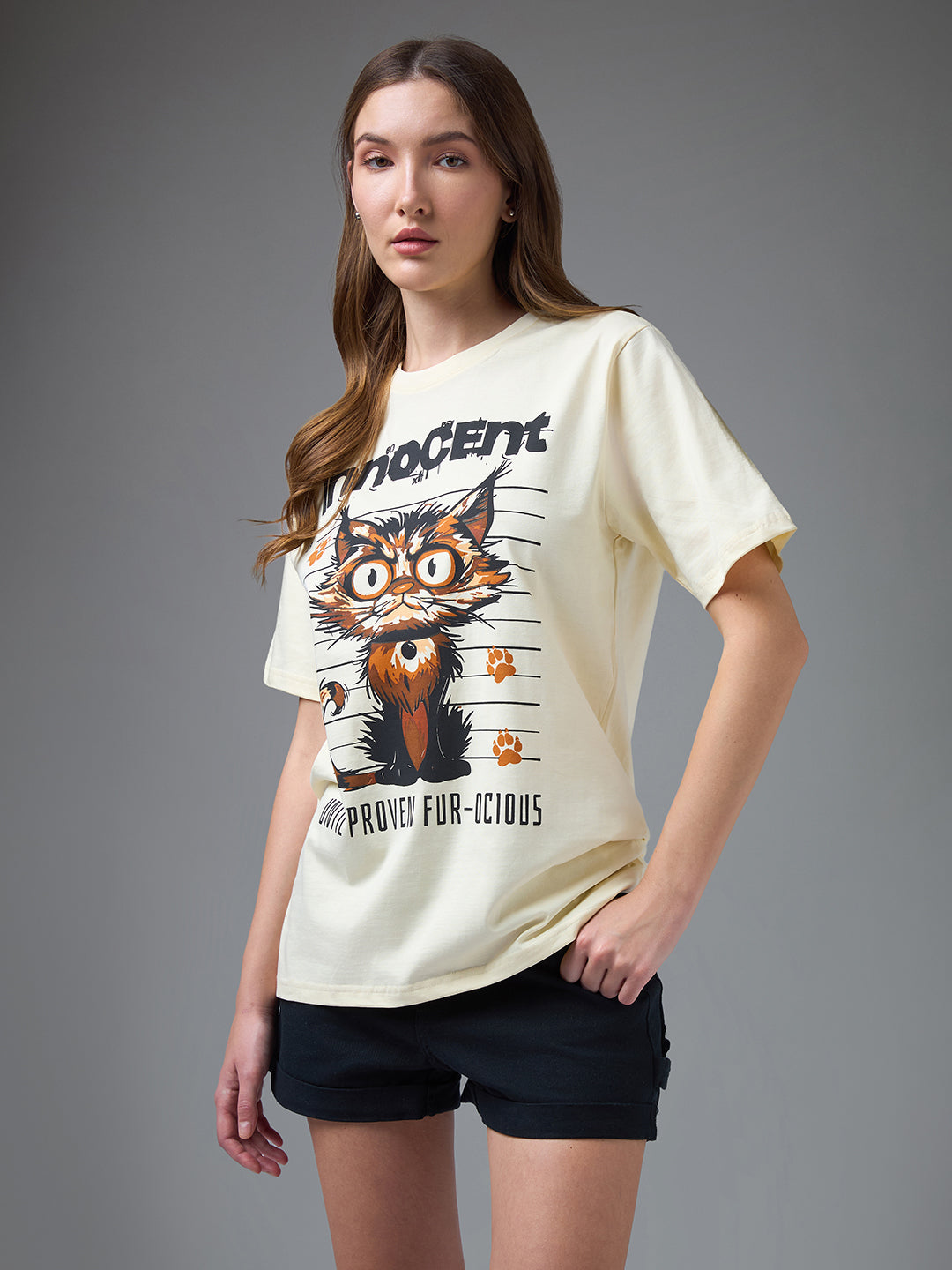 Womens Printed Round Neck Oversized Fit Tshirt