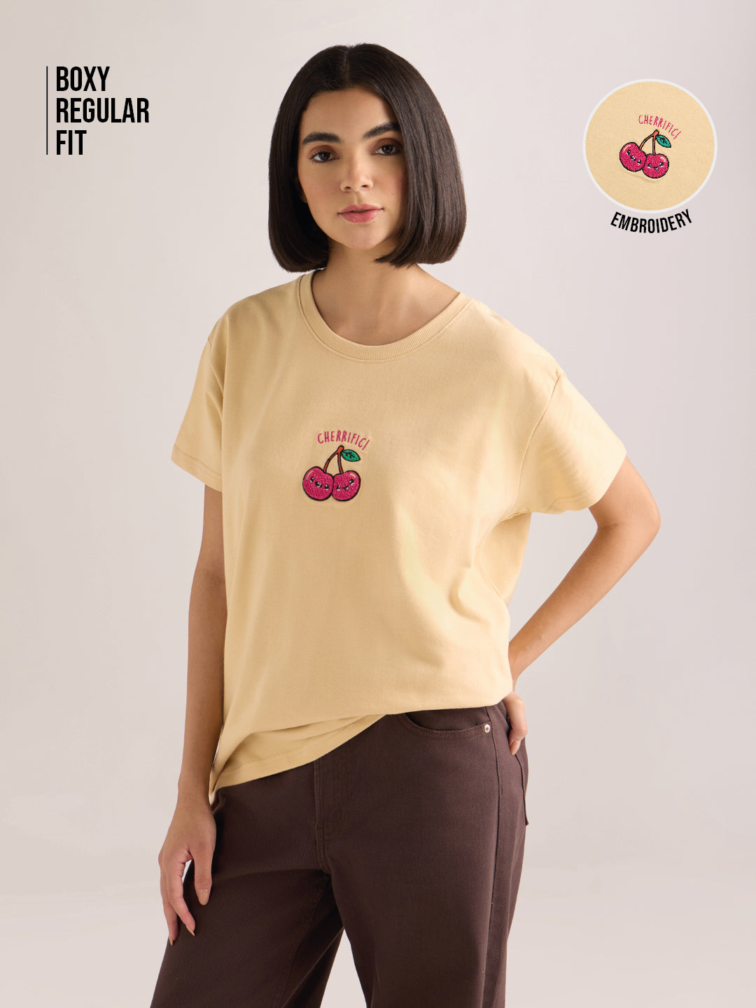 Womens Embroidery Boxy Regular Fit French Terry Cotton Tshirt