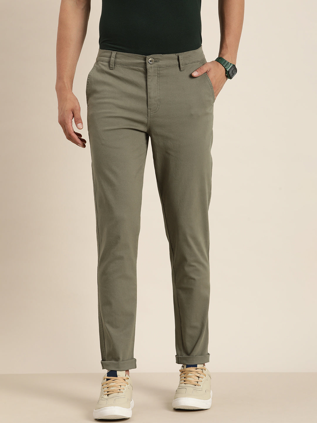 Men Solid Ankle-Length Chinos Trousers