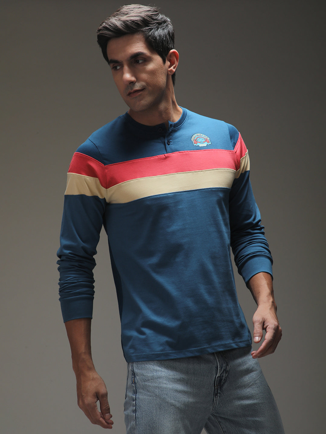 Mens Full Sleeve Henley Neck Printed Regular Fit Tshirts