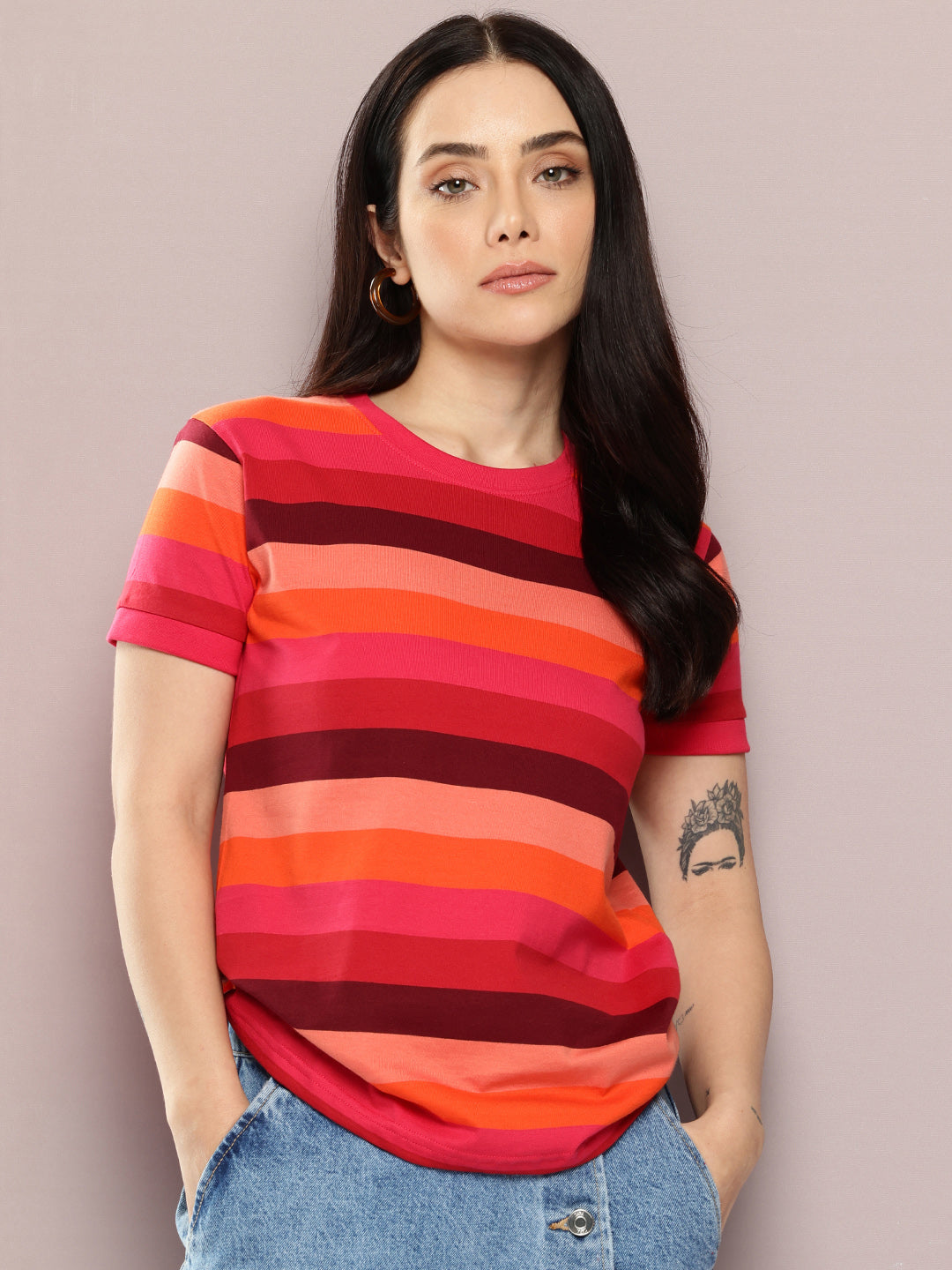 Womens Half Sleeve Round Neck All-Over Striped Regular Fit Tshirts