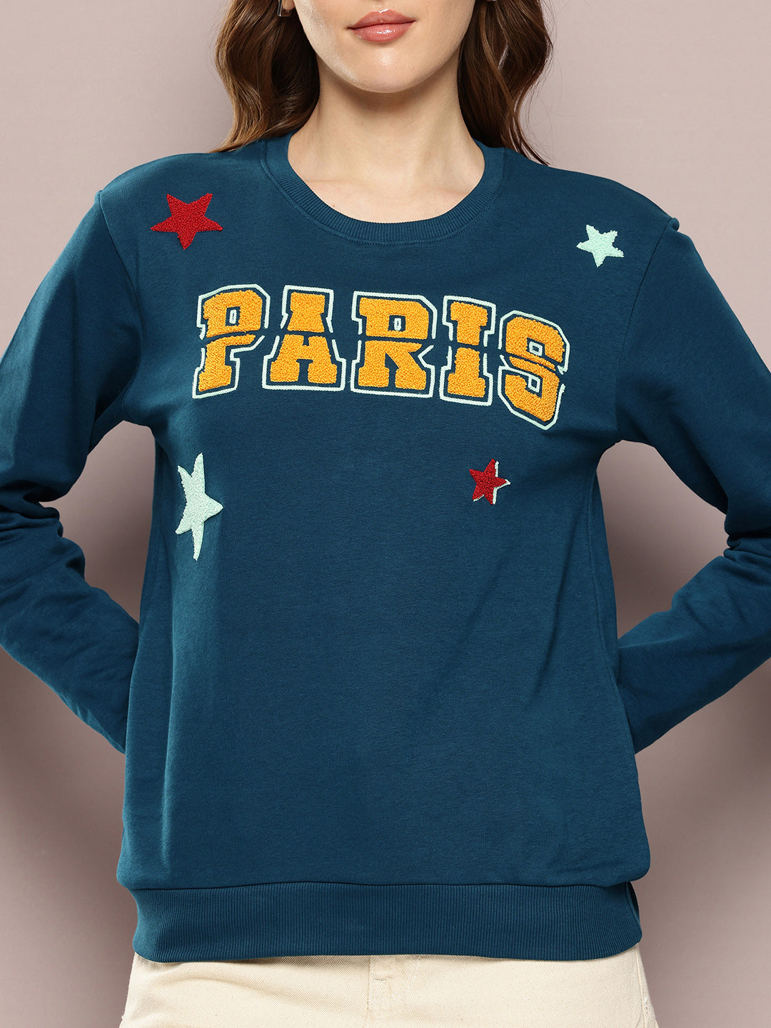 Womens Full Sleeve Round Neck Embroidered Relaxed Fit Tshirts