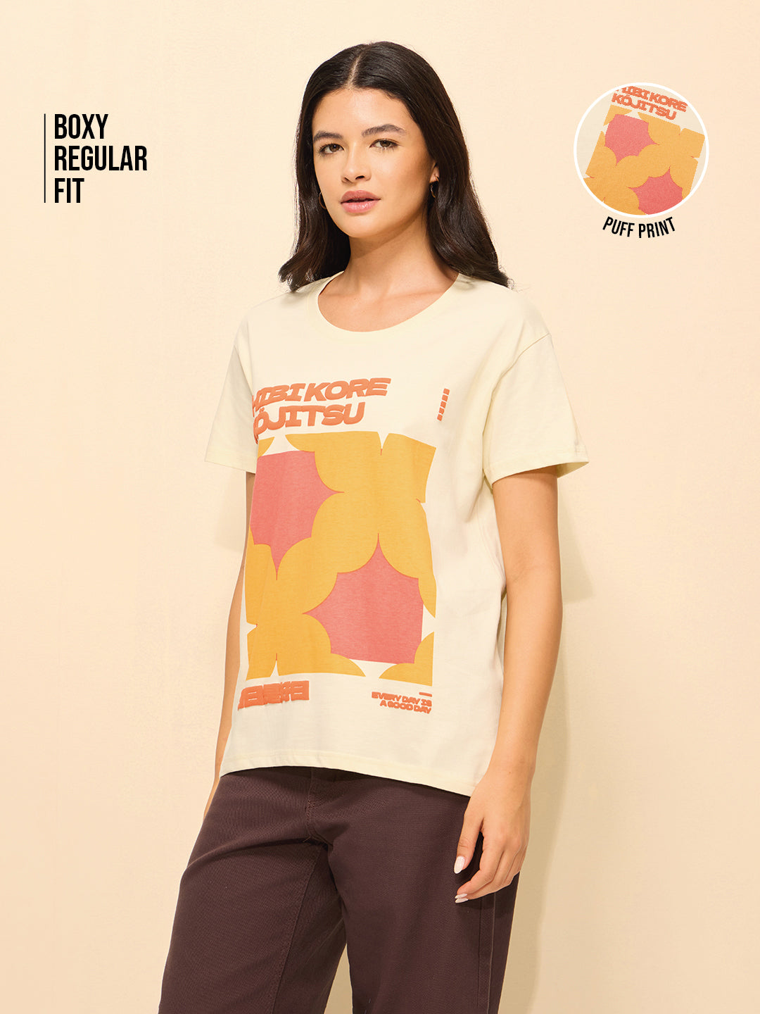 Womens Printed Boxy Regular Fit Cotton T-Shirt