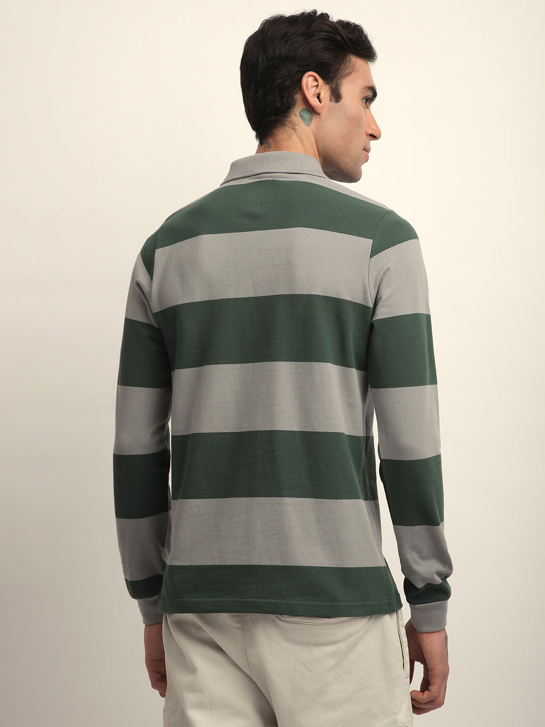 Mens Full Sleeve Polo Neck All-Over Striped Regular Fit Tshirts