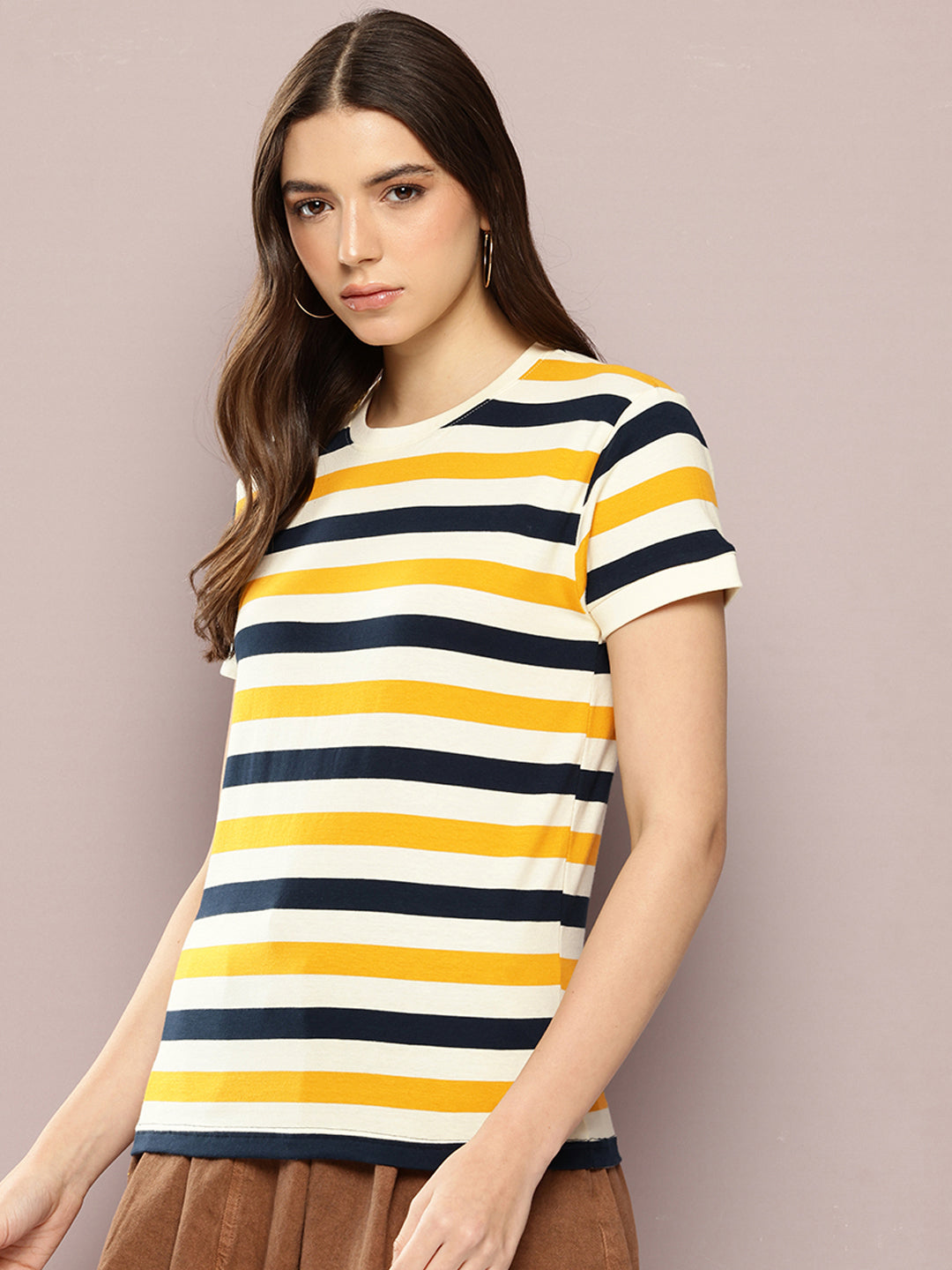 Womens Half Sleeve Round Neck All-Over Striped Regular Fit Tshirts