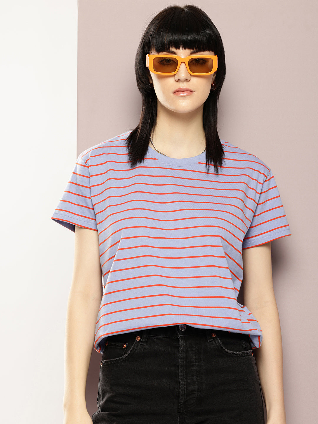 Womens Half Sleeve Round Neck Striped Boxy Fit Tshirts