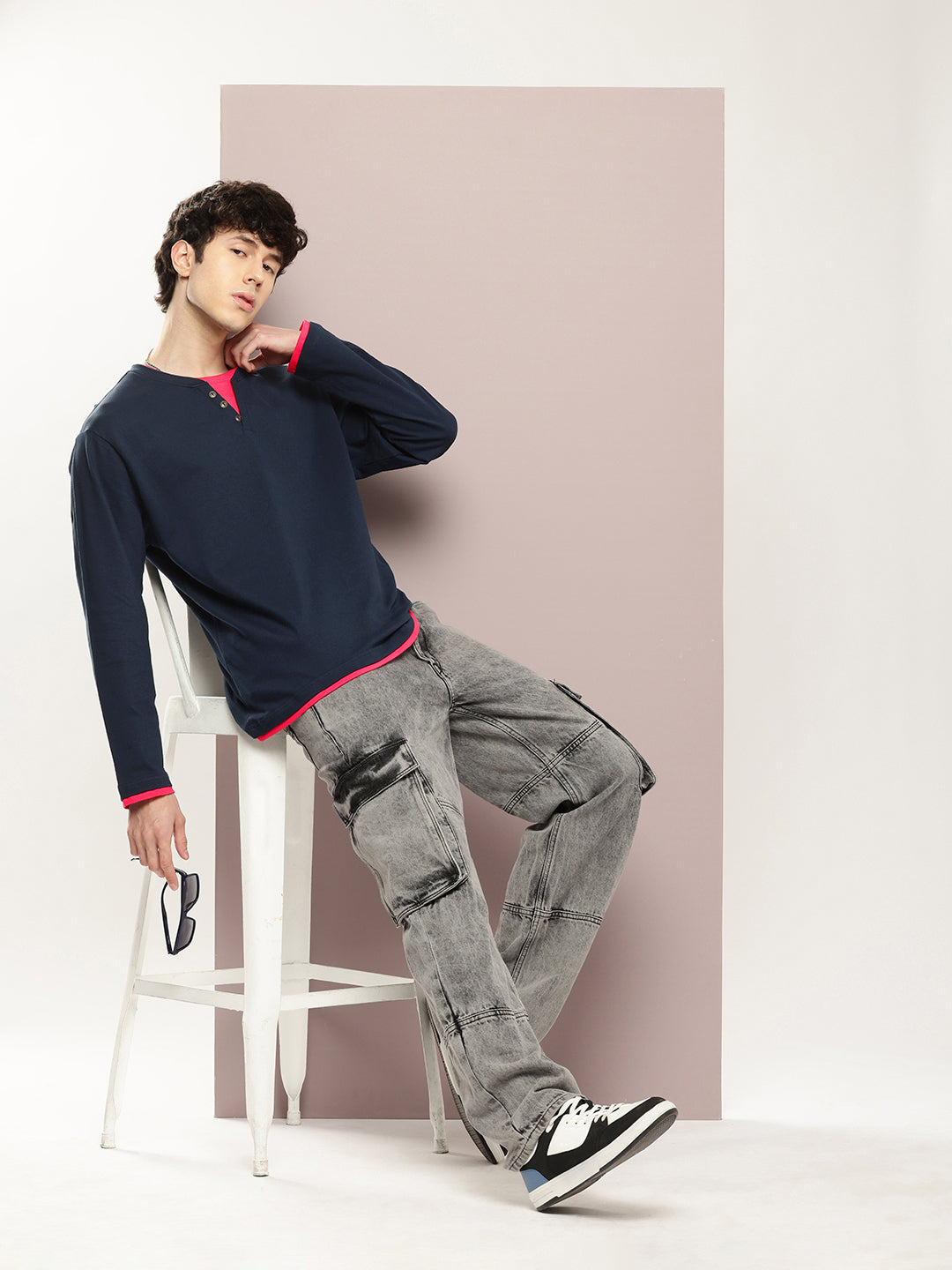 Mens Full Sleeve V-Neck Solid Oversized Fit Tshirts
