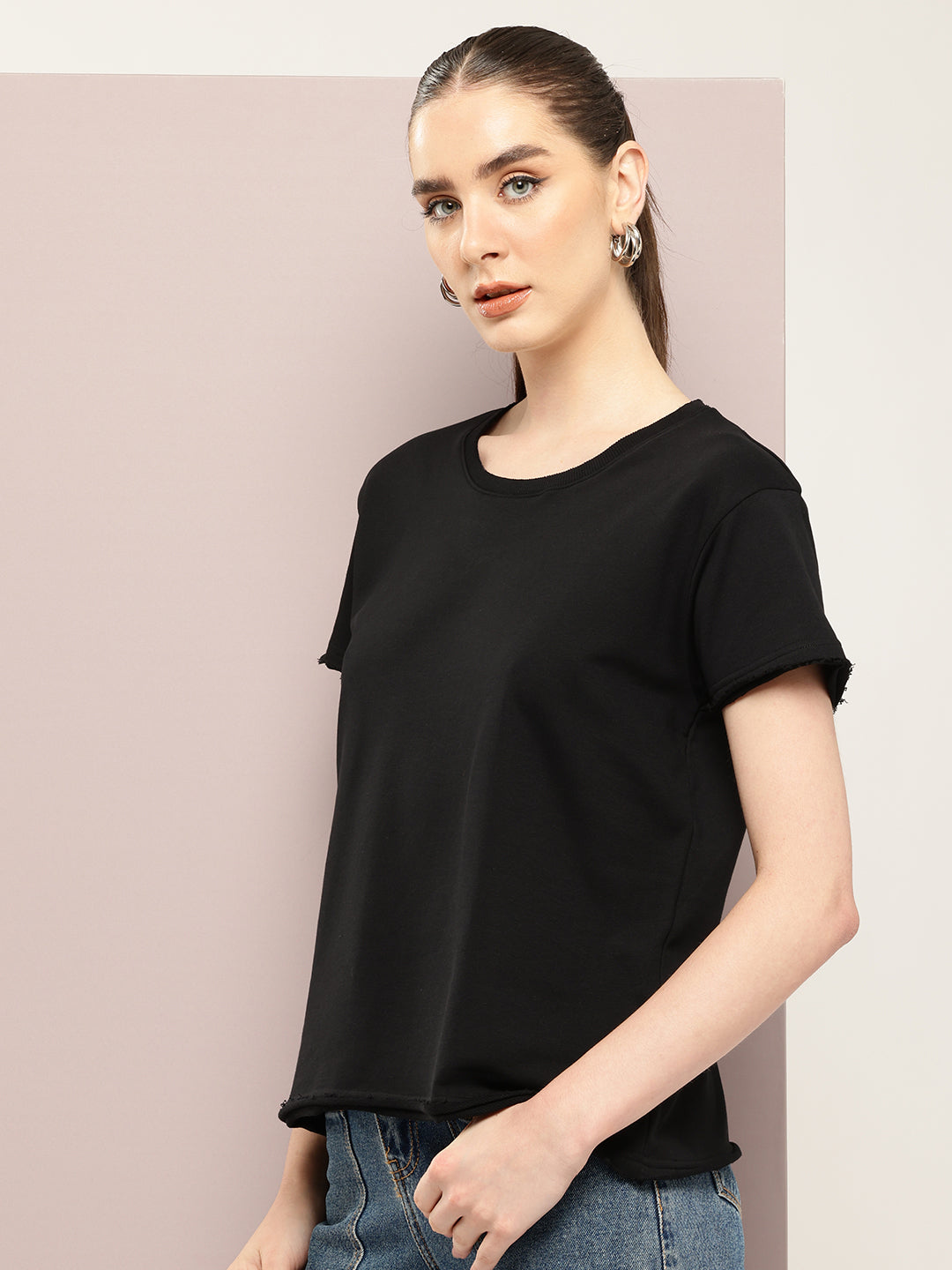 Womens Half Sleeve Round Neck Solid Boxy Fit Tshirts