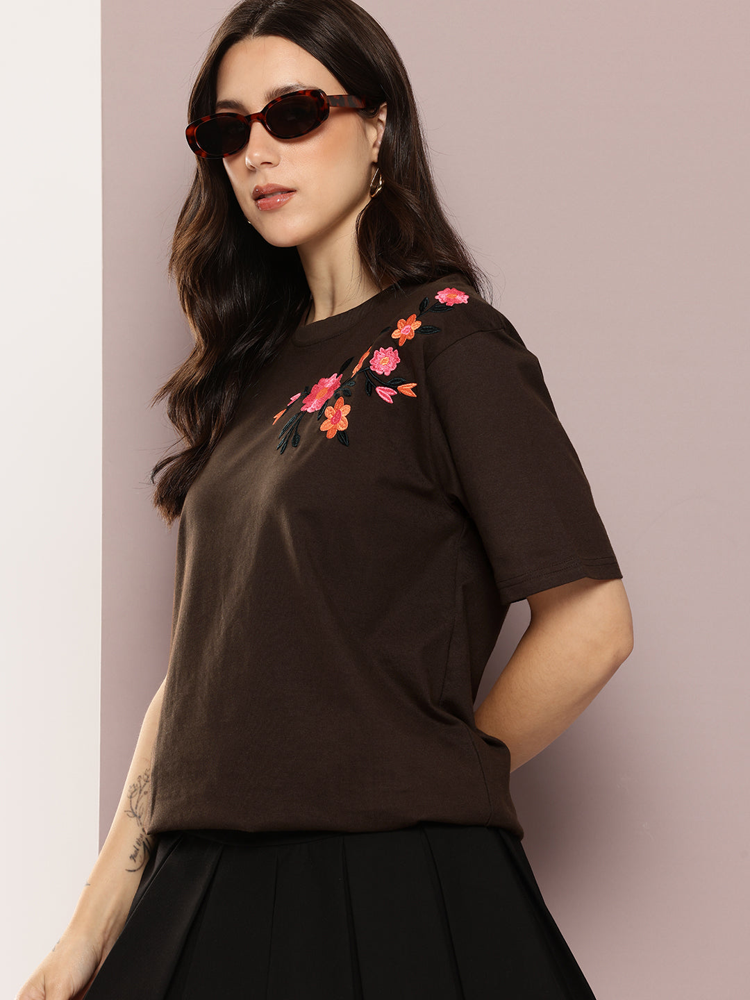 Womens Half Sleeve Round Neck Embroidered Oversized Fit Tshirts