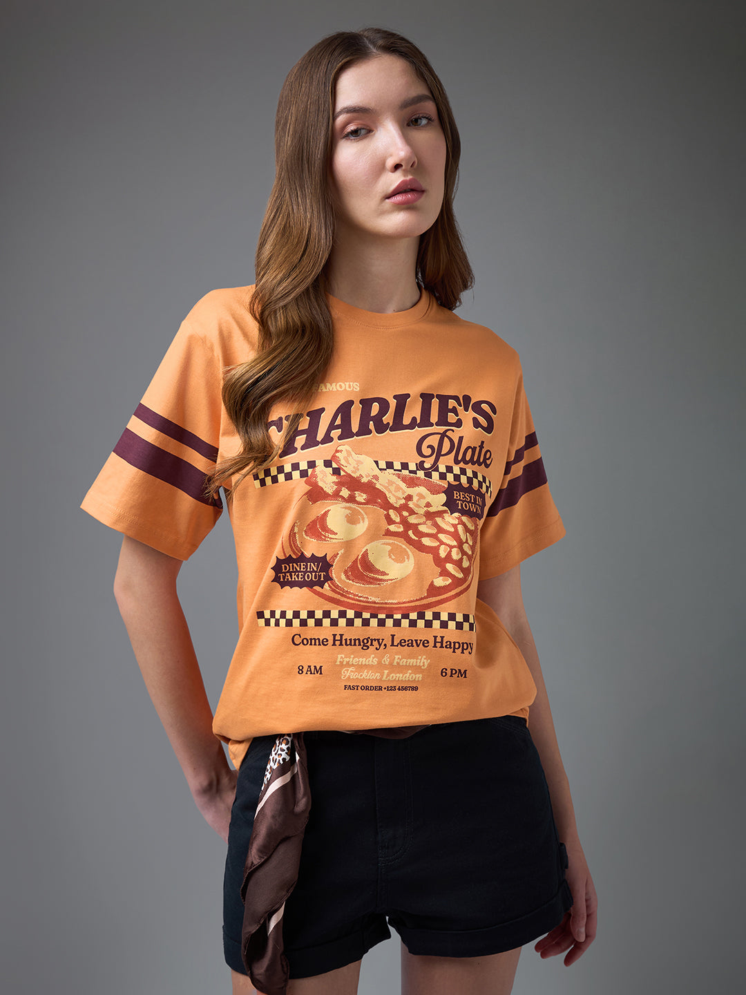 Womens Printed Round Neck Oversized Fit Tshirt