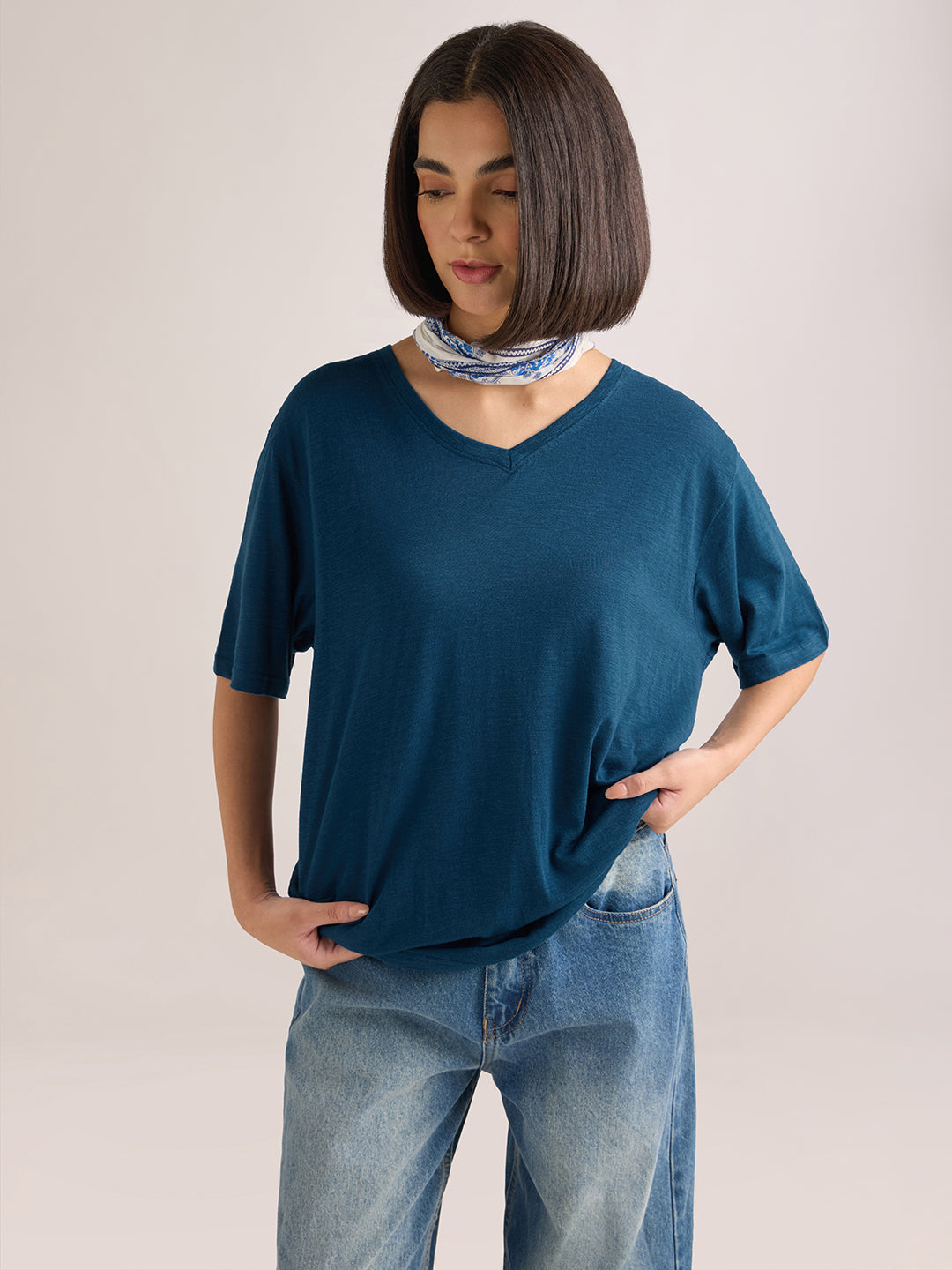 Womens Solid Oversized Cotton Modal V-Neck Tshirt