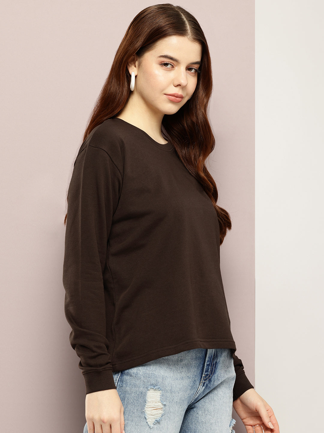 Womens Full Sleeve Round Neck Solid Boxy Fit Tshirts