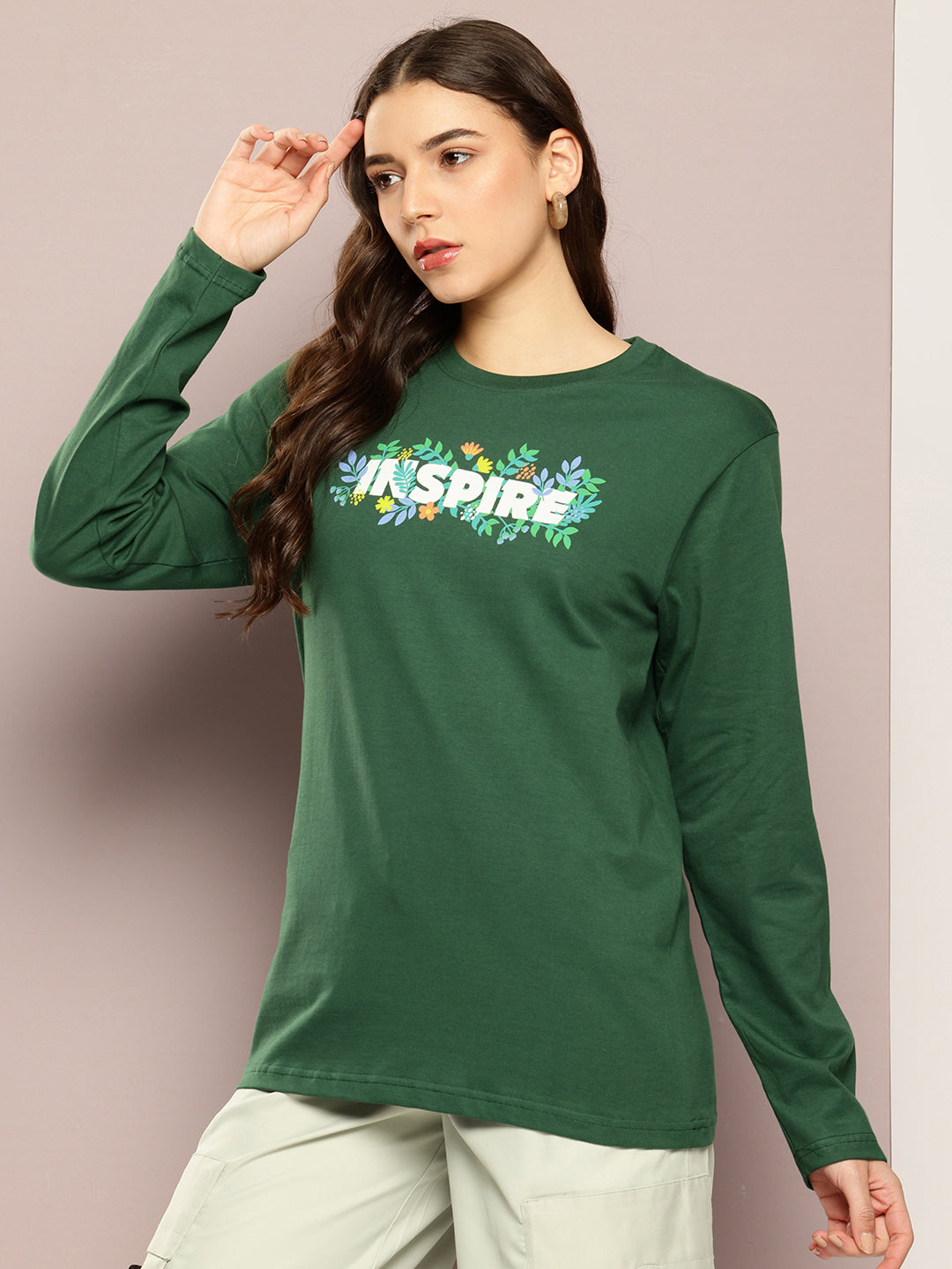 Womens Full Sleeve Round Neck Printed Oversized Fit Tshirts