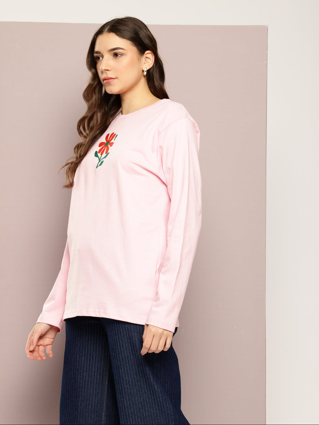 Womens Full Sleeve Round Neck Printed Oversized Fit Tshirts