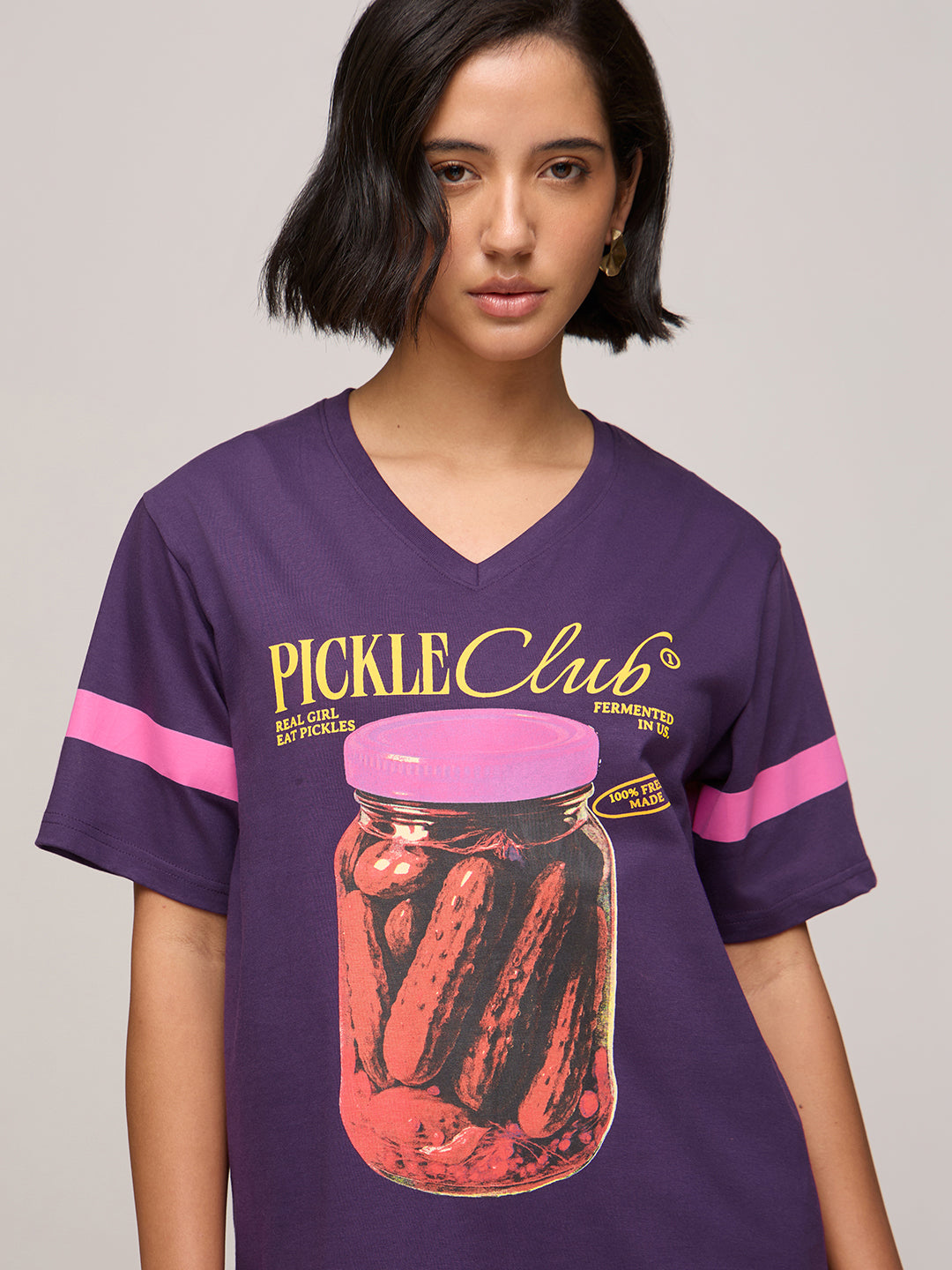 Womens Printed Oversized Fit Cotton V-Neck T-Shirt