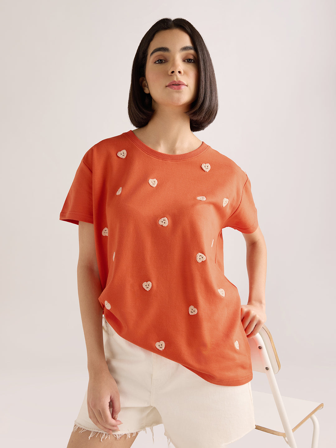 Womens Embroidery Boxy Regular Fit French Terry Cotton Tshirt